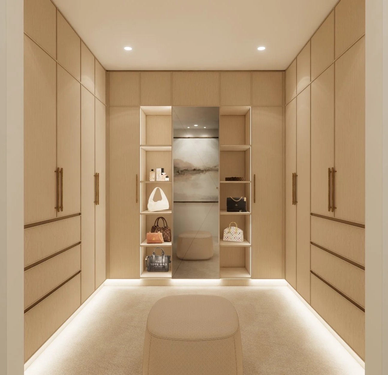 Spacious walk-in wardrobe with custom timber cabinetry