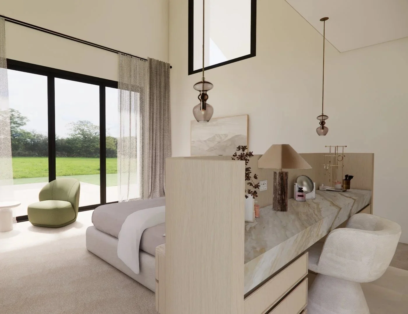 Luxury primary bedroom with pitched ceiling and floor-to-ceiling windows