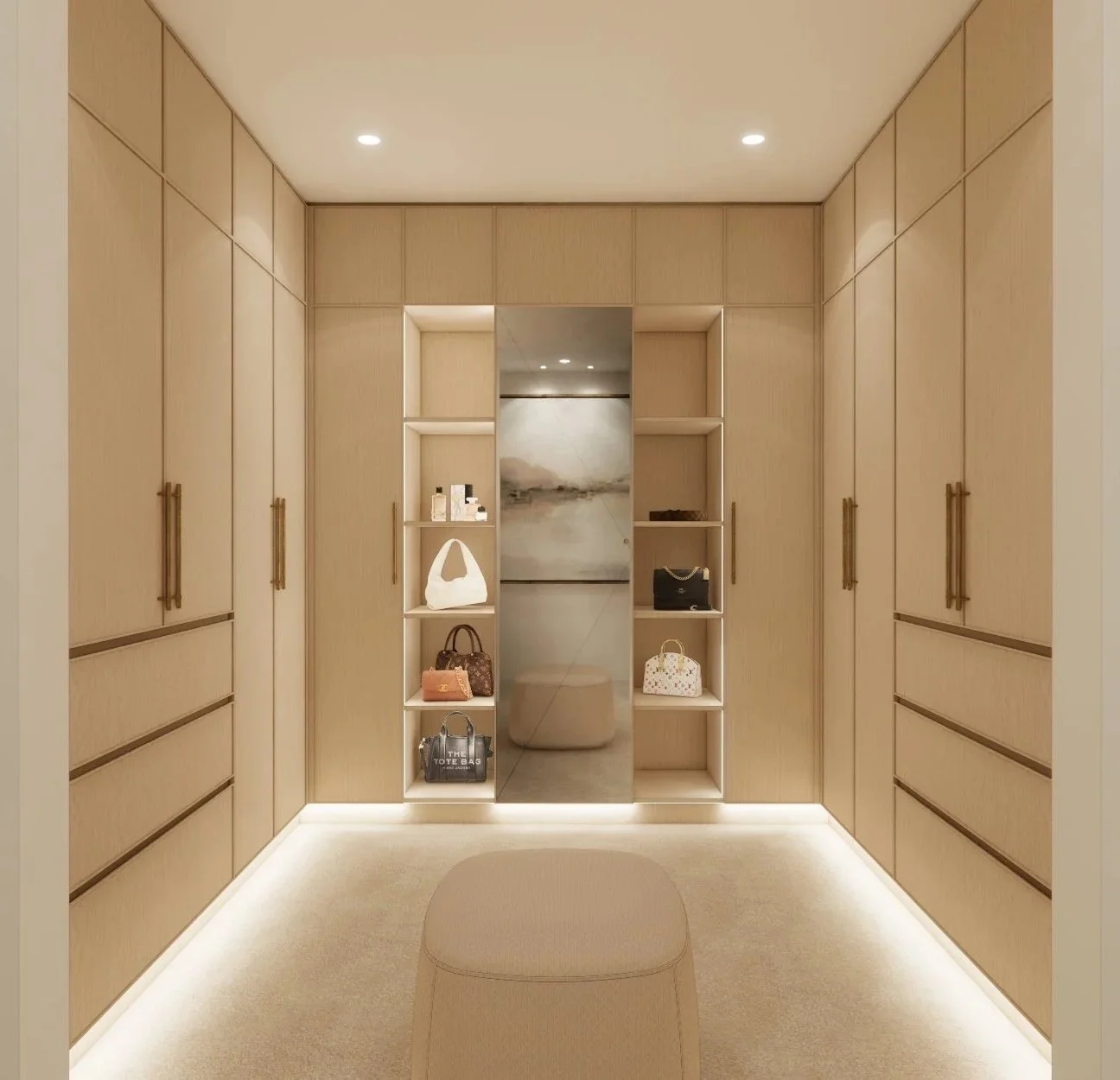 Spacious walk-in wardrobe with custom timber cabinetry