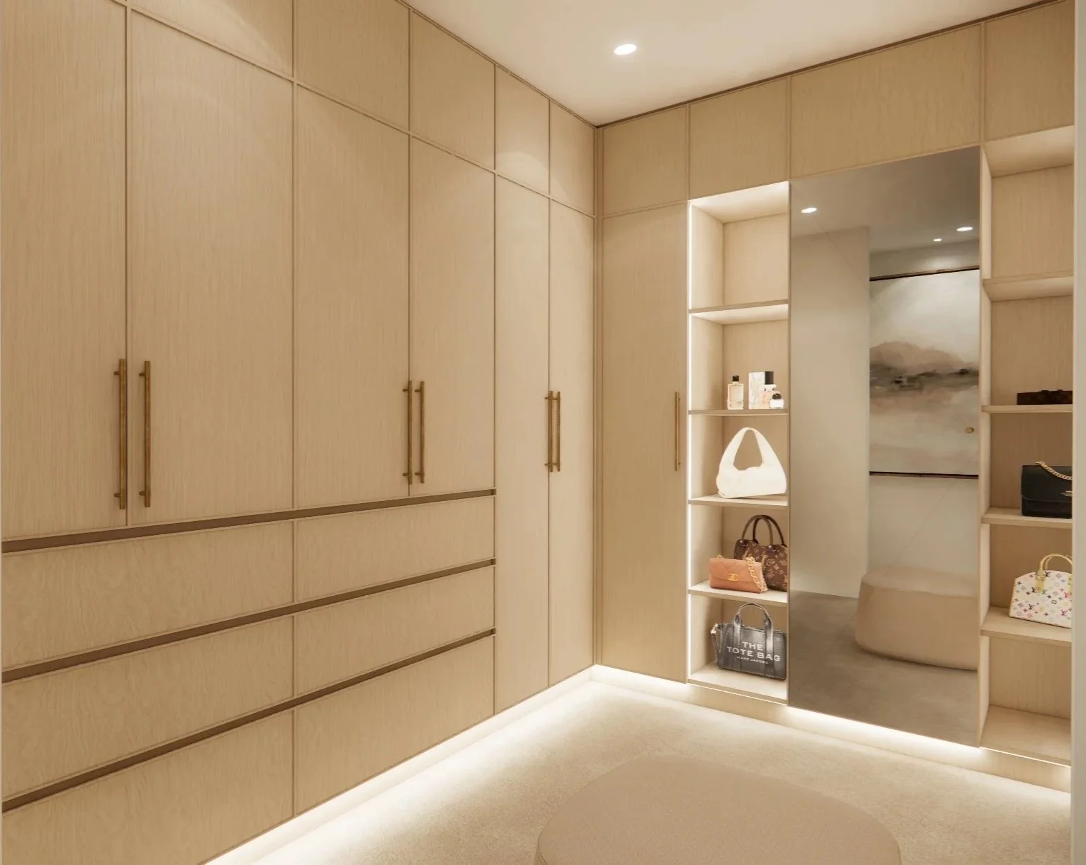 Spacious walk-in wardrobe with custom timber cabinetry