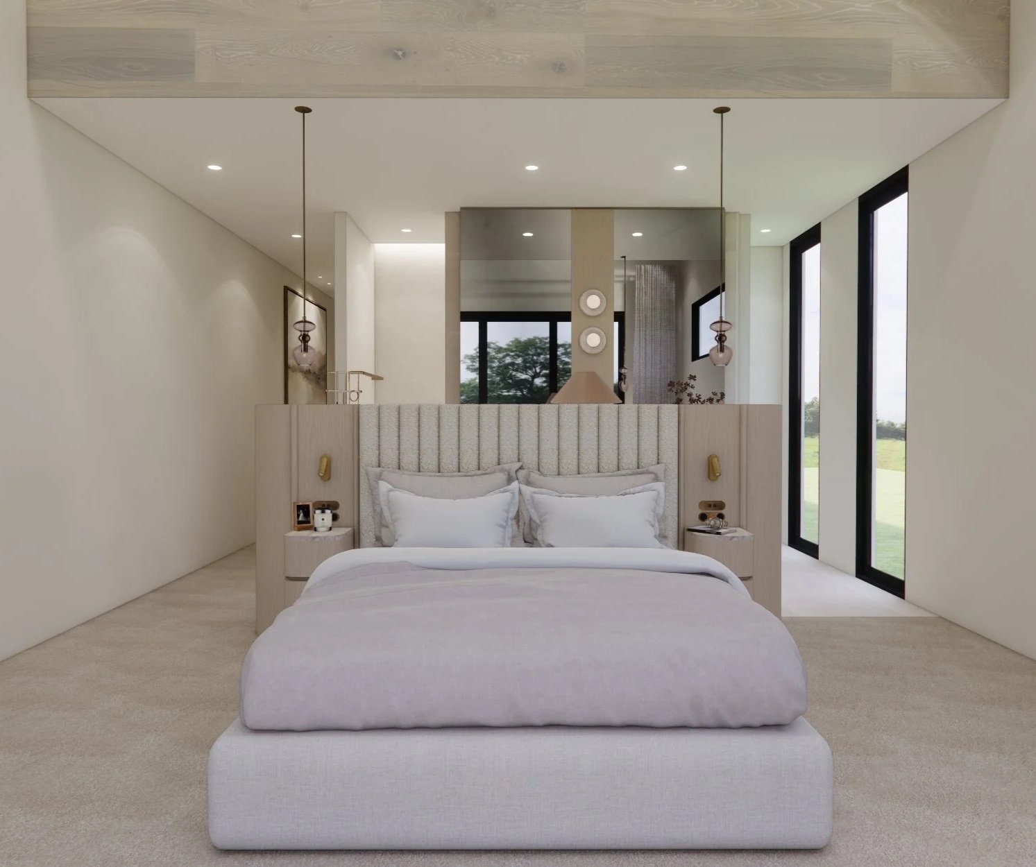 Luxury primary bedroom with pitched ceiling and floor-to-ceiling windows