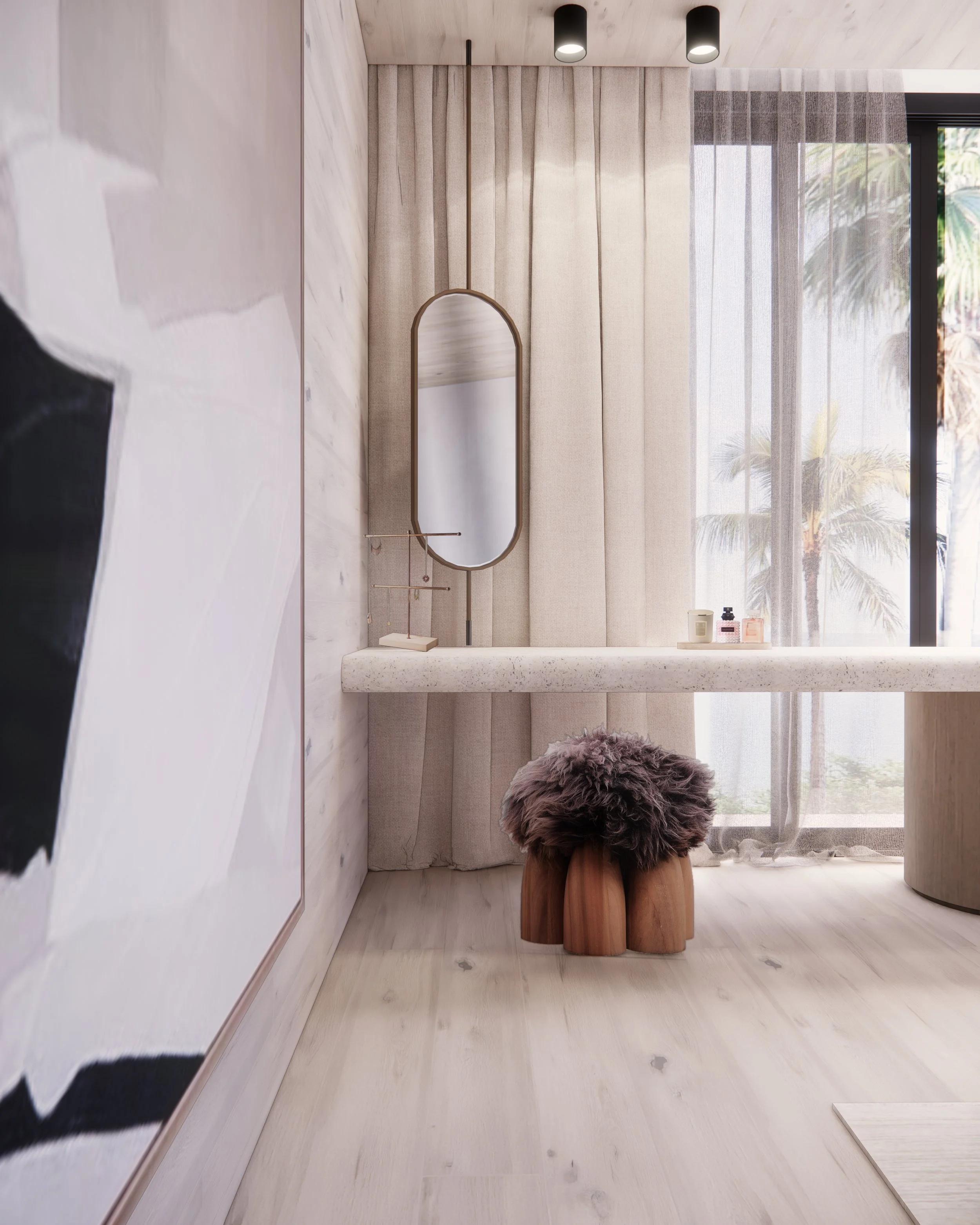Floating stone makeup vanity with soft curtains, warm lighting, and sculptural timber stool