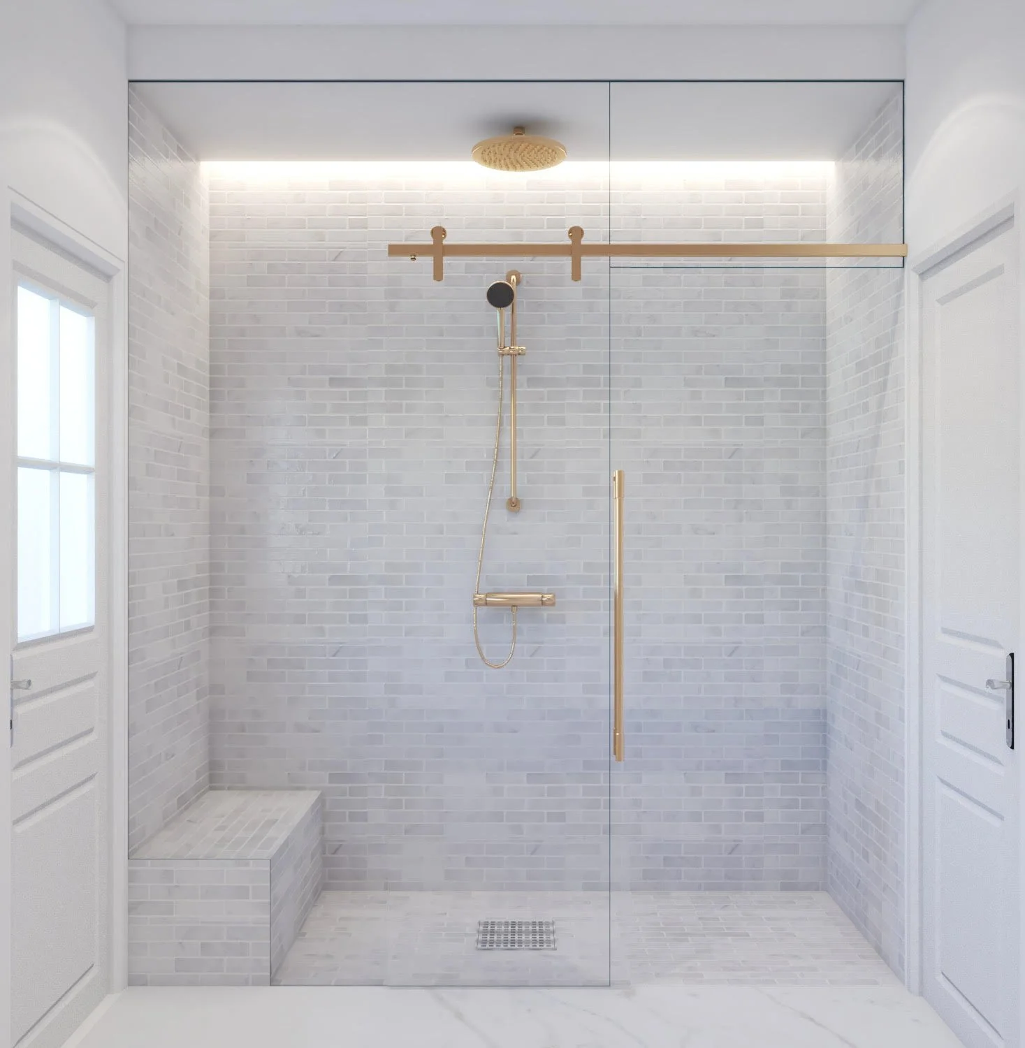 Marble-inspired walk-in shower with brass tapware in a Hamptons renovation concept