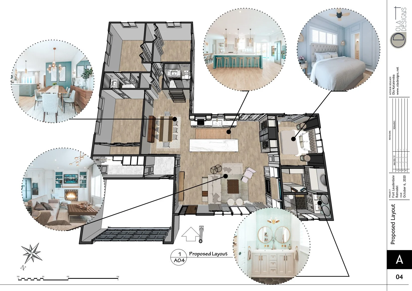 Hamptons-style open plan living room and kitchen, designed by TID Studio in Florida. Example Interiors Drawings Set