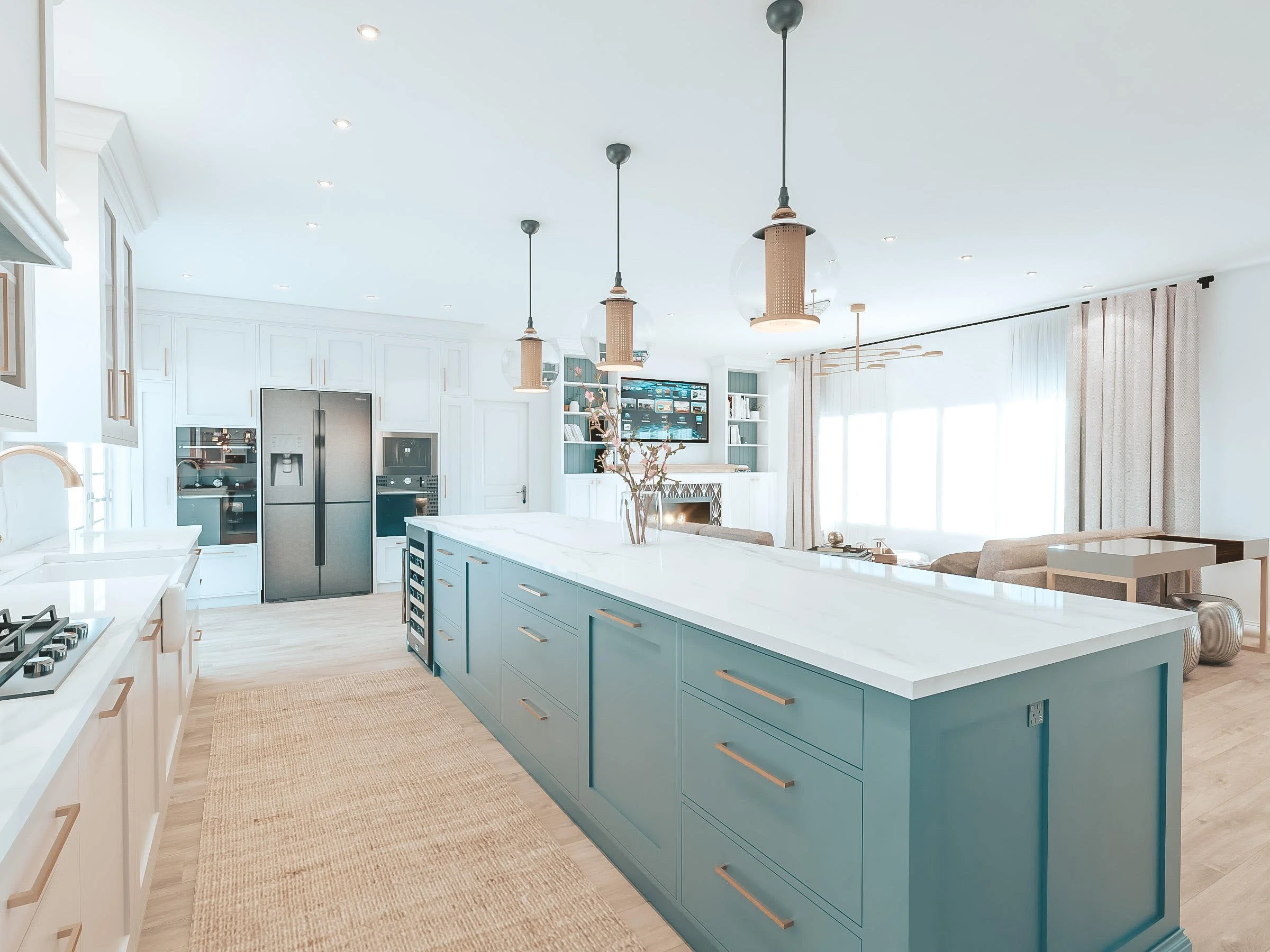 Hamptons coastal interior with white cabinetry, teal accents and modern coastal styling