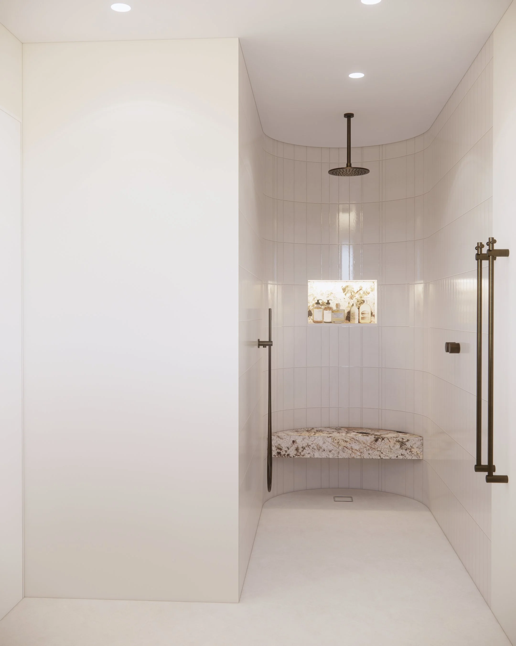 Guest bathroom with soft stone textures and minimalist curved shower