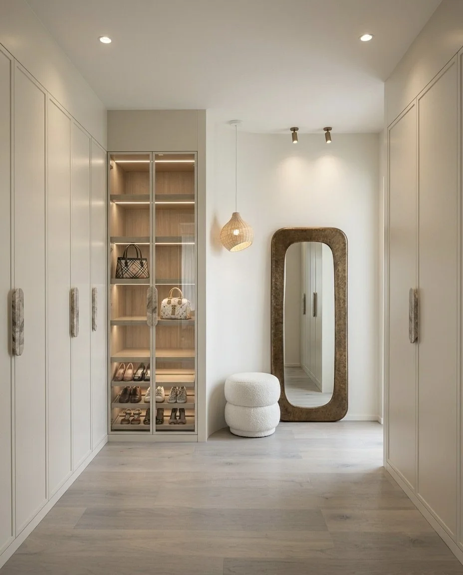 Custom walk-in wardrobe with full-height timber cabinetry, designed by TID Studio Sydney