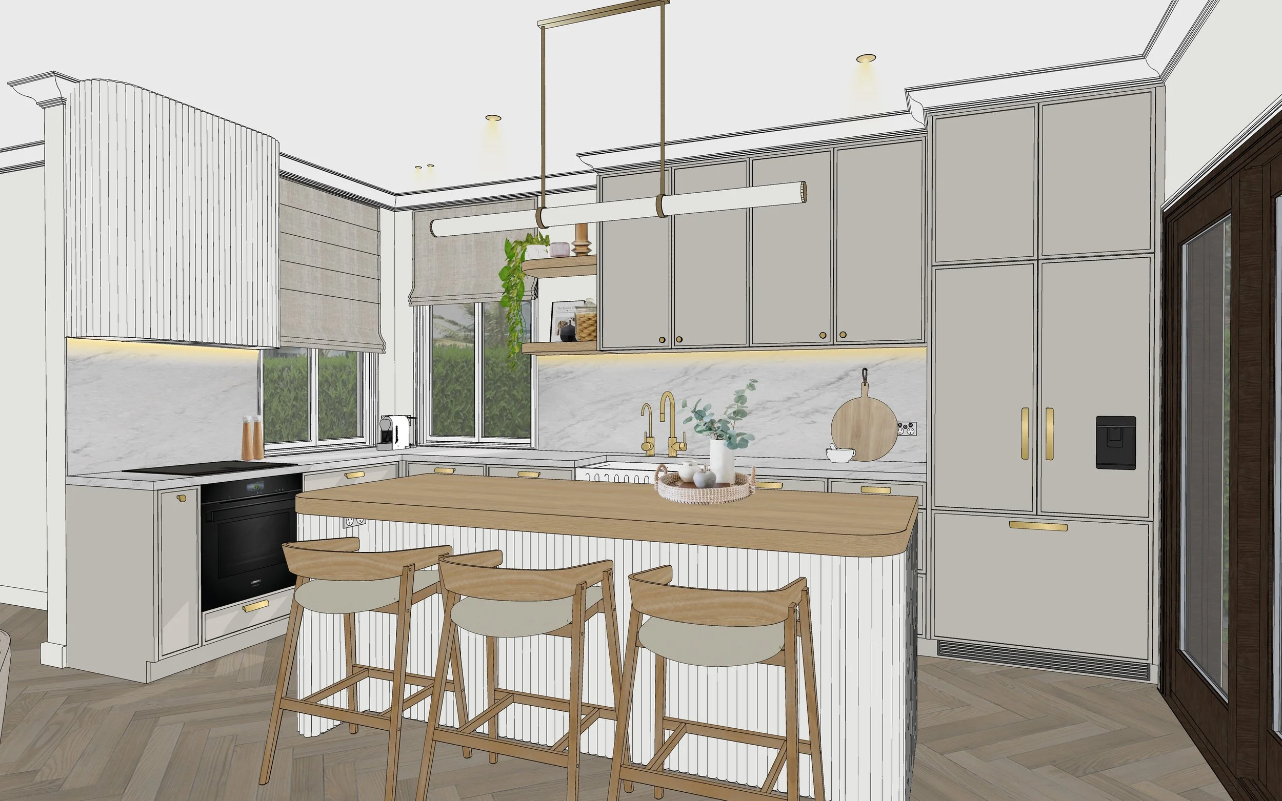 Render of Serene Symphony kitchen with soft greige cabinetry, reeded detailing and brass tapware, Brisbane interior design by TID Studio