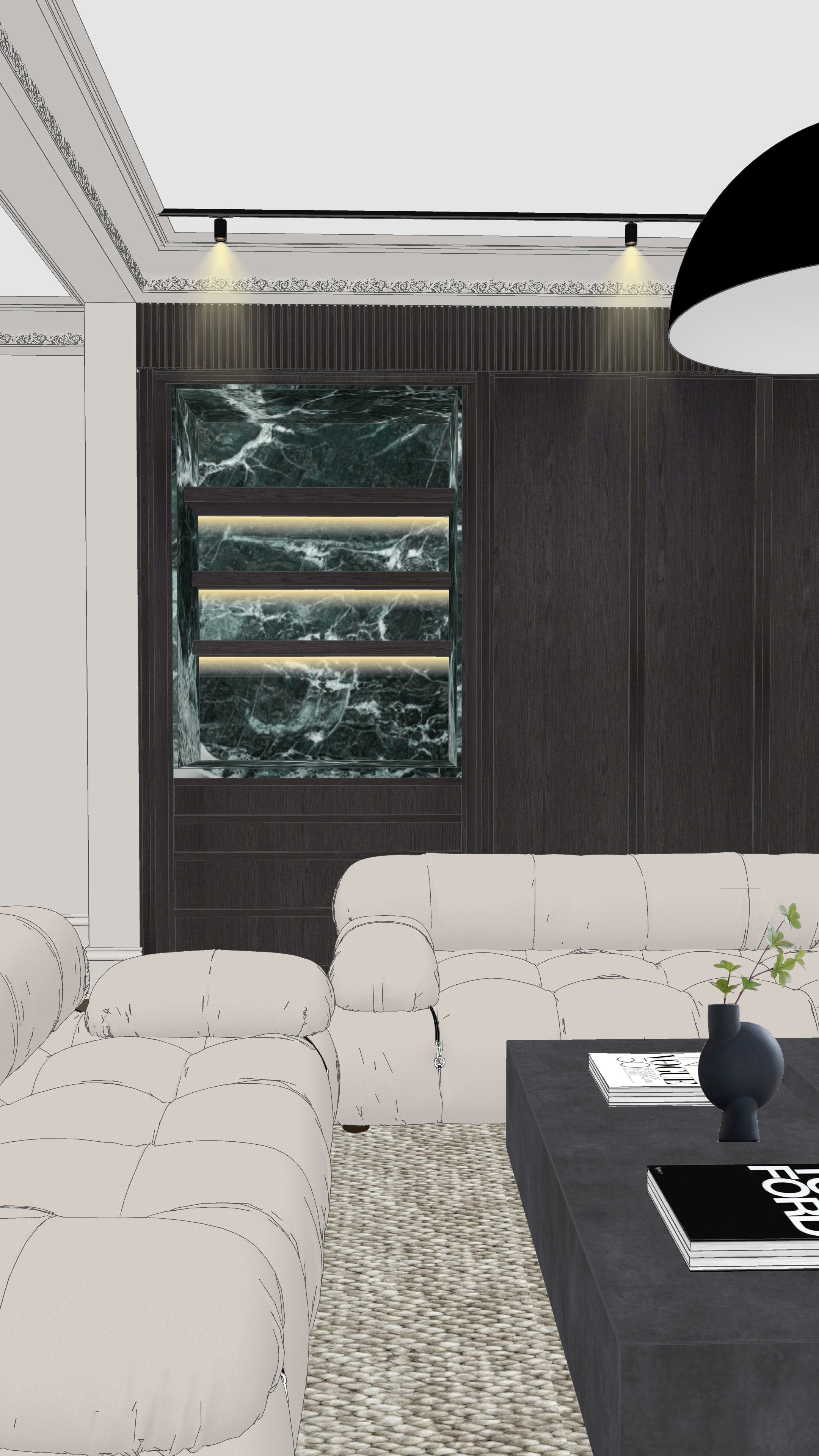 Lounge area with curved sofas and integrated bar shelves in modern Sydney terrace renovation