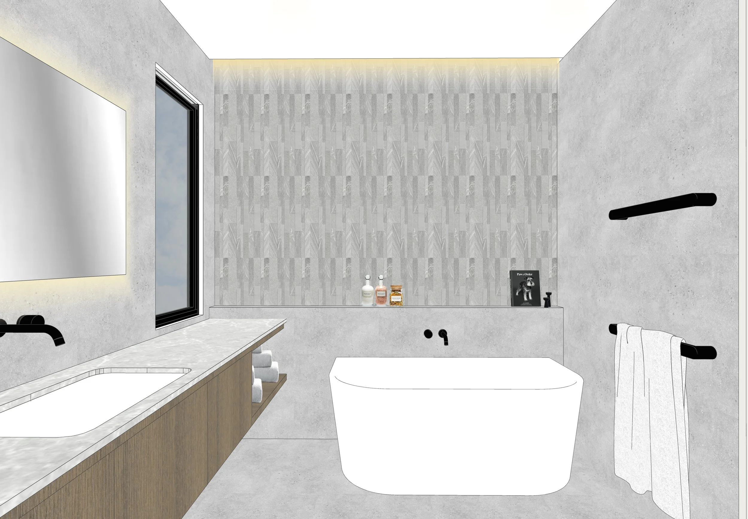 Freestanding bath and stone feature wall in contemporary master bathroom — TID Studio Brisbane