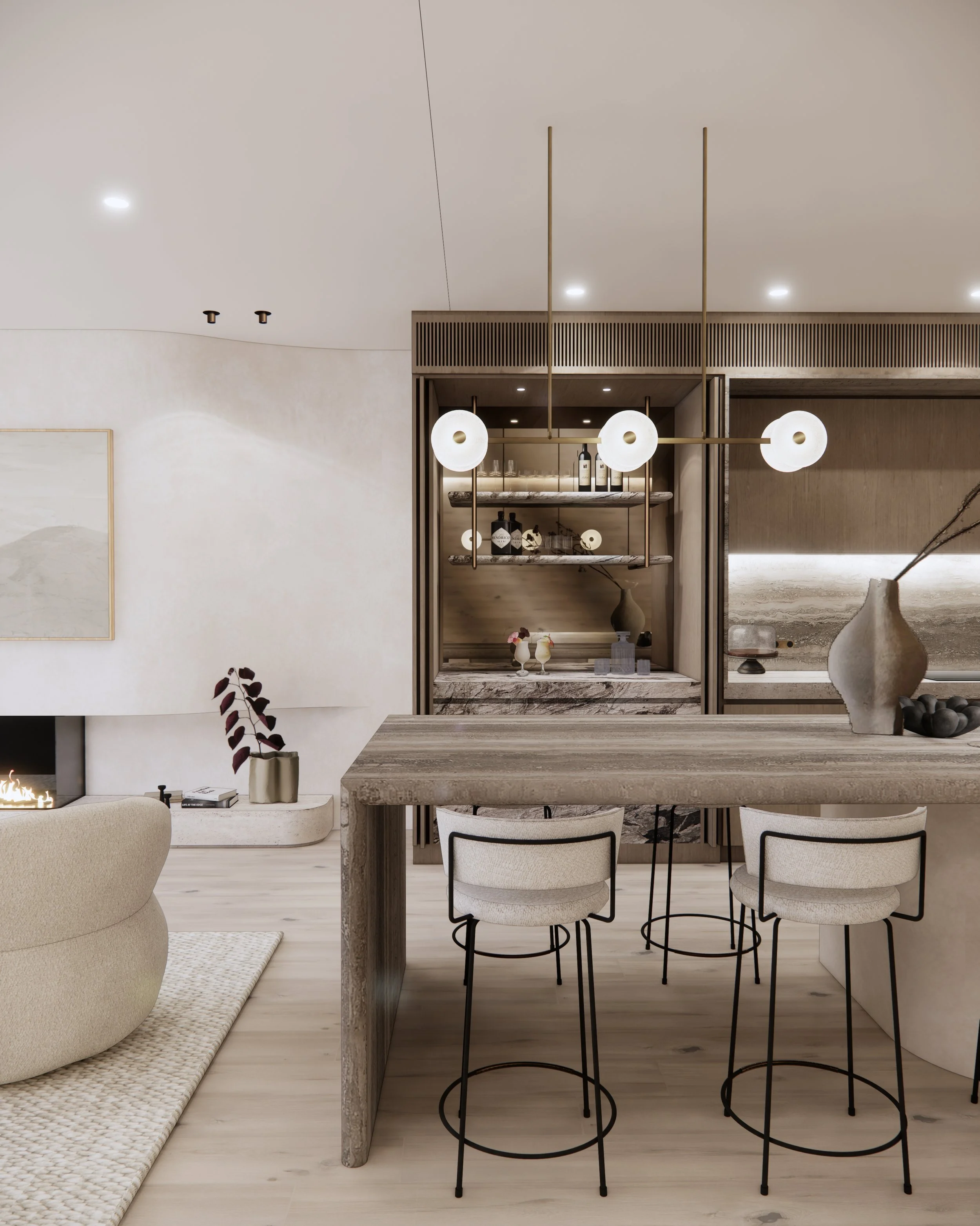 Travertine kitchen island with curved base, warm timber cabinetry, and coastal contemporary palette