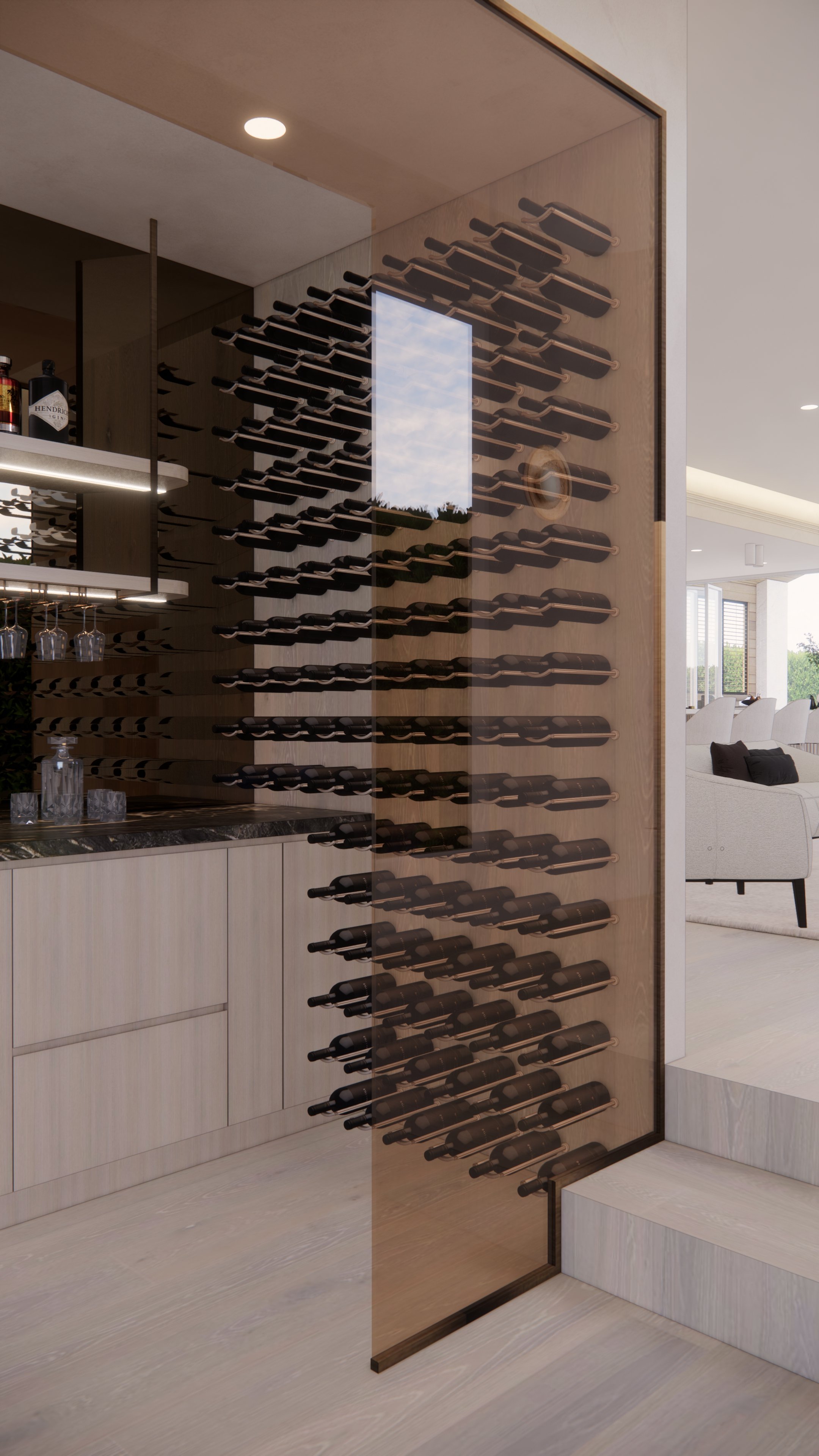Curved bar cabinetry with illuminated shelving in a modern neutral kitchen — Auriga Residence by TID Studio, Brisbane