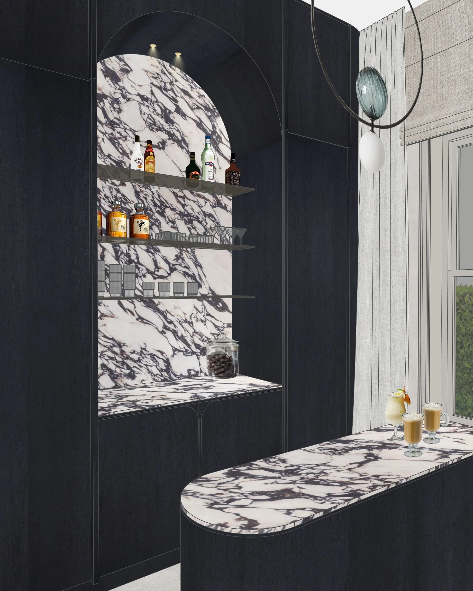 Modern heritage home bar with arched marble backsplash and dark timber cabinetry in Sydney terrace renovation