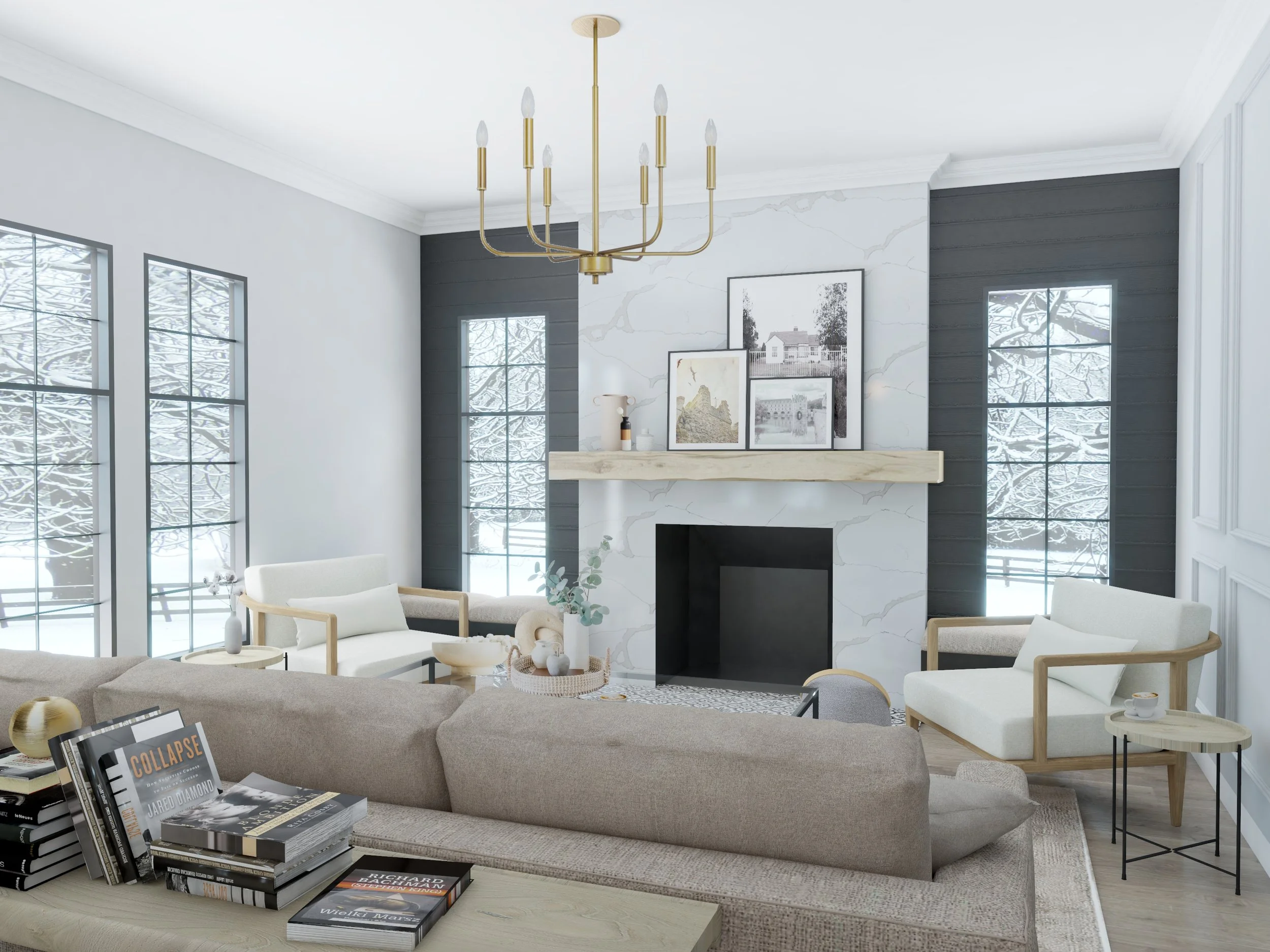 Modern farmhouse living room with white armchairs, artwork, and natural light