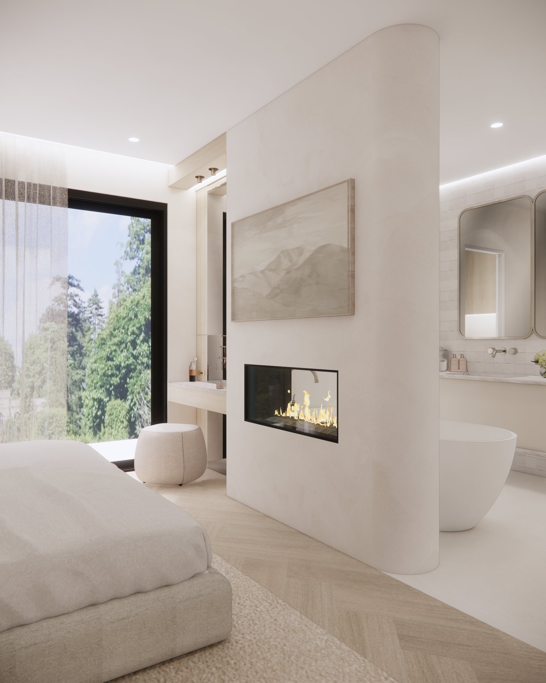 Serene master suite featuring curved fireplace wall, soft neutral palette, and layered textures