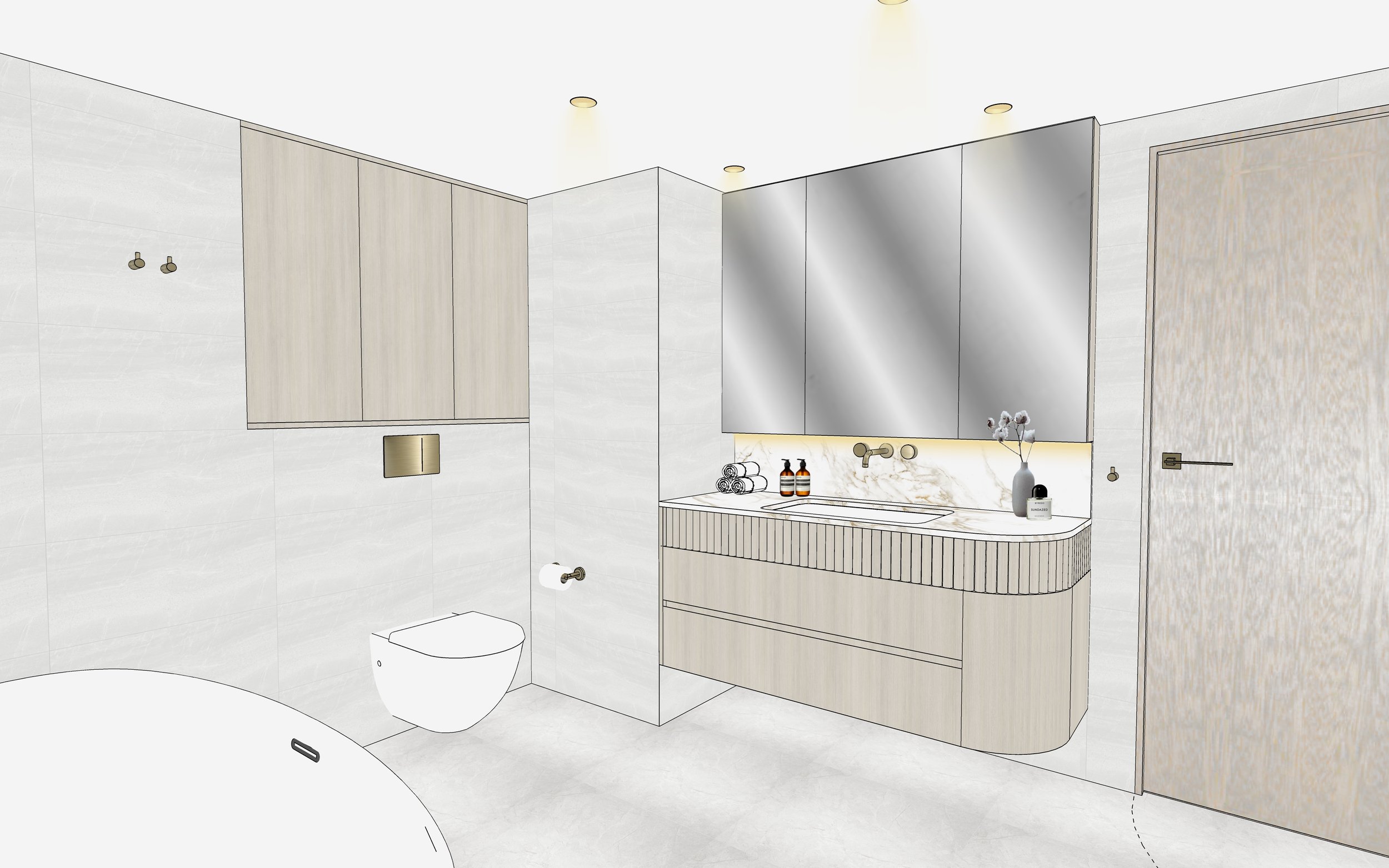 Curved master ensuite with marble vanity and brushed brass fixtures in coastal minimal style