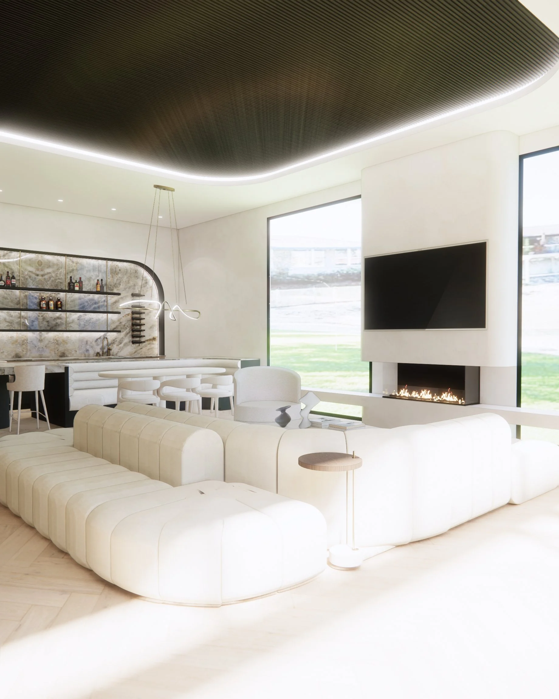 Soft neutral pool house with custom curved backlit bar and island with integrated banquette, modular sofa with fireplace anchored by stone benchseat on the sides, and warm minimal styling designed by TID Studio in Sydney