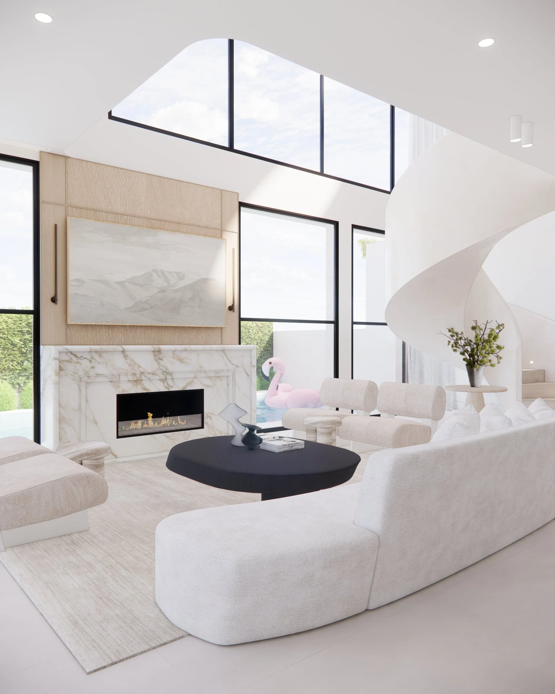 Contemporary living room with marble fireplace, curved staircase, and oversized neutral seating in a Sydney new-build