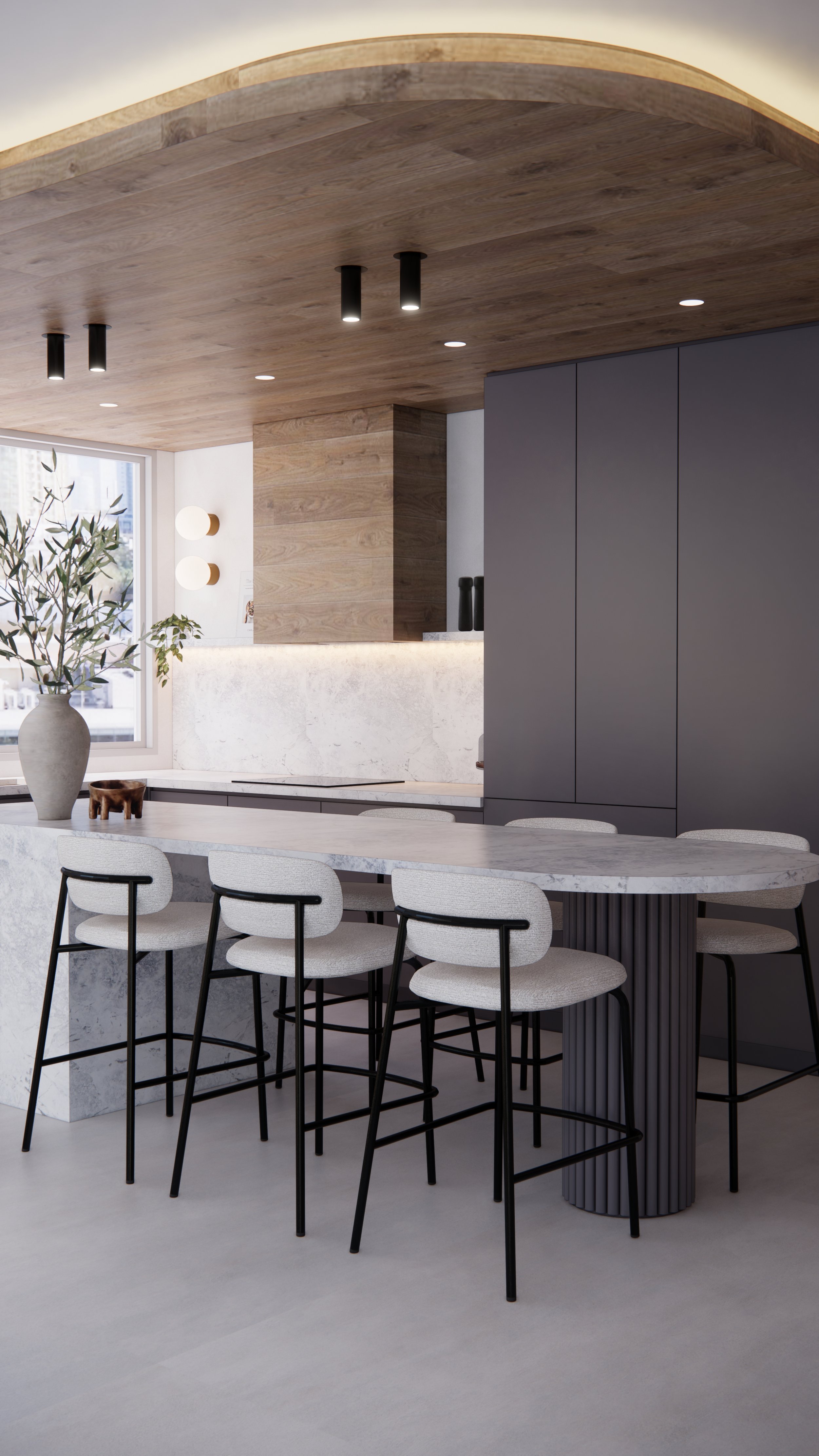 Tall kitchen cabinetry with integrated fridge and appliance garage in contemporary coastal interior