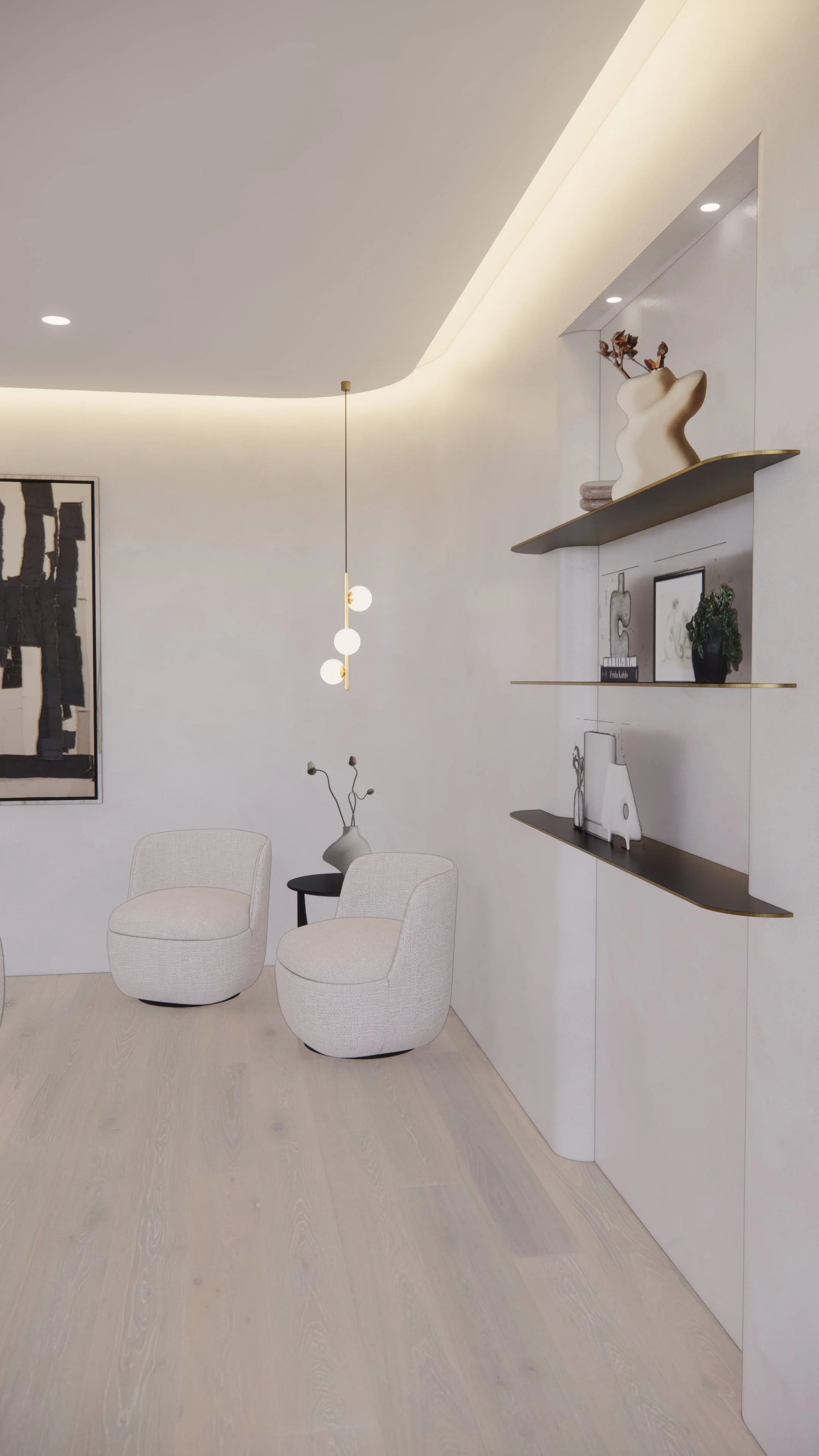 Modern coastal living room with soft plaster walls, light timber flooring and fireplace  — Auriga Residence by TID Studio, Brisbane