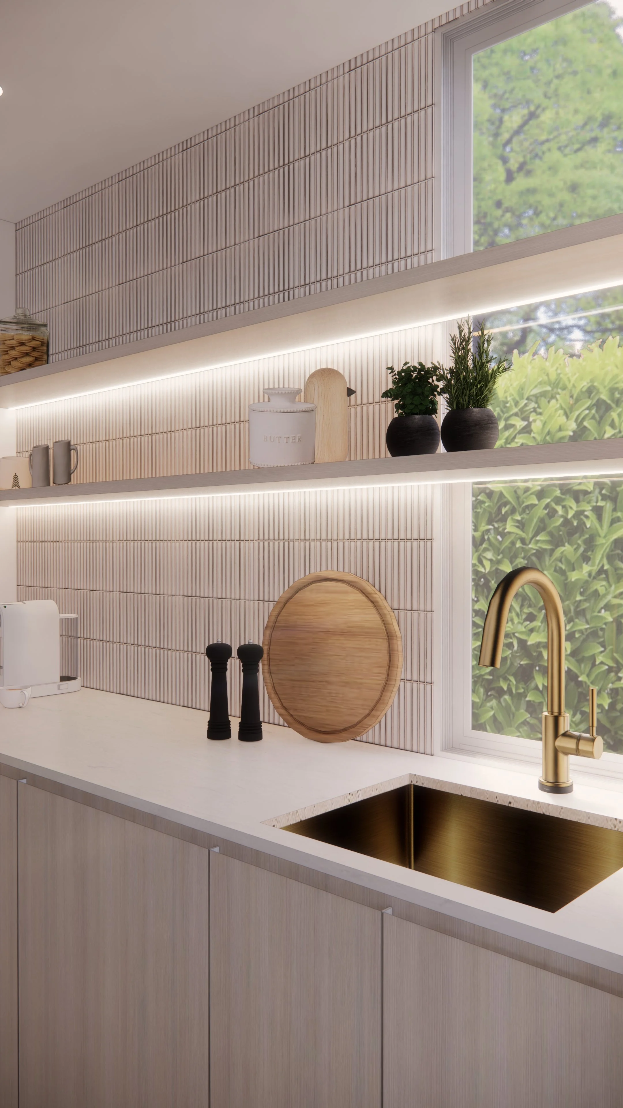 Modern coastal kitchen featuring adjacent butler's pantry, light timber cabinetry and neutral palette — Auriga Residence by TID Studio, Brisbane