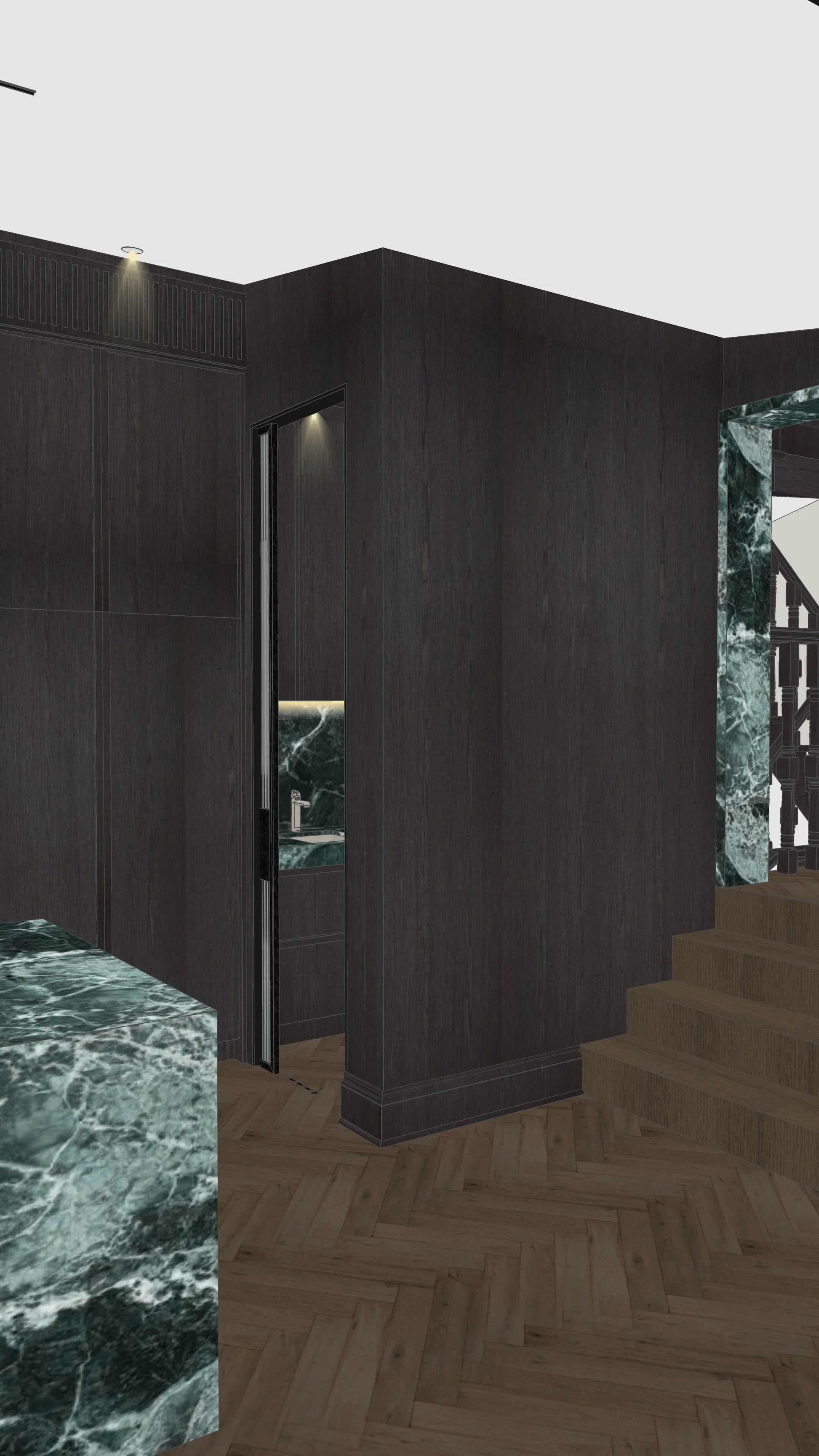 Contemporary kitchen with dramatic green marble island and dark joinery in renovated Sydney terrace