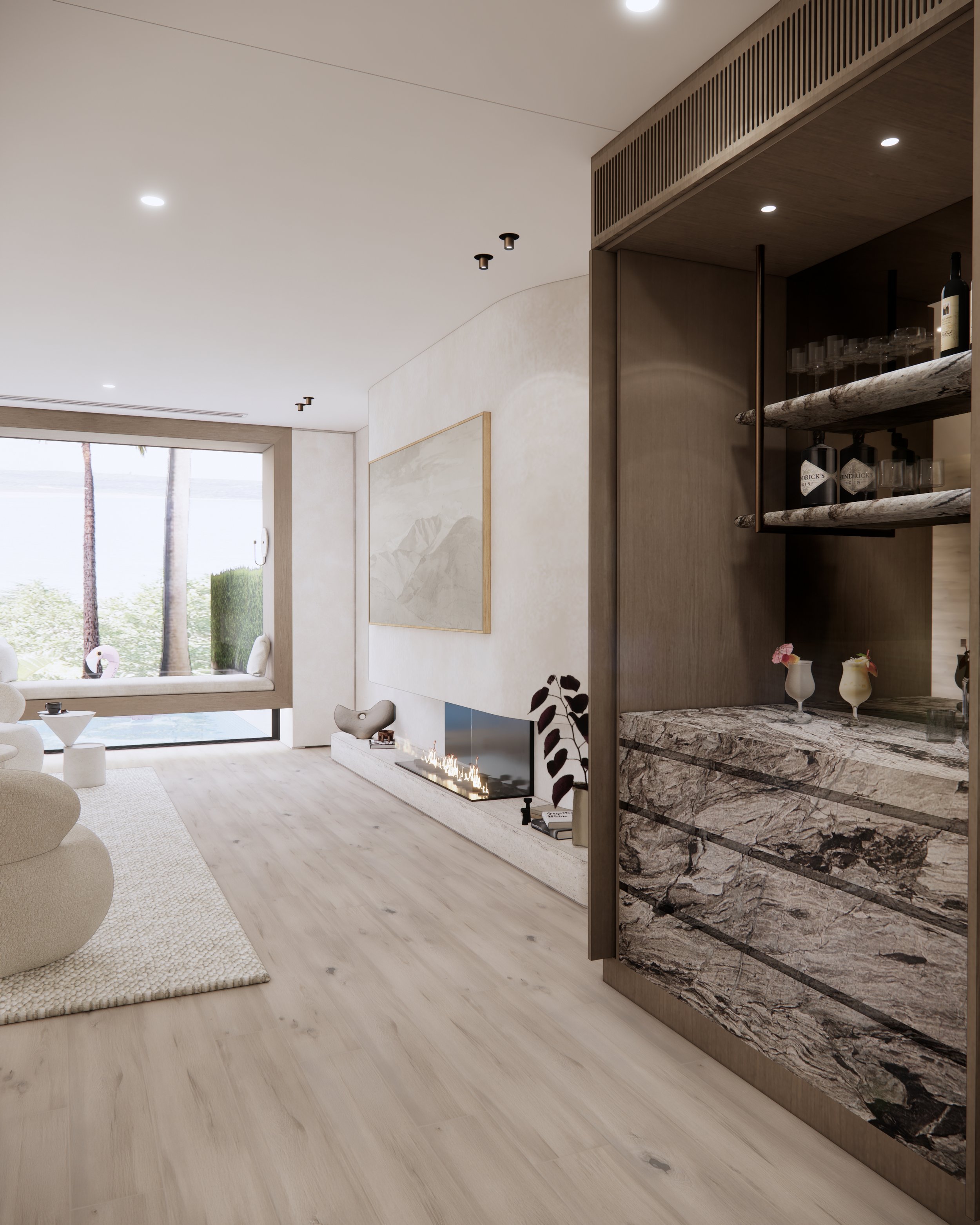 Travertine kitchen island with curved base, warm timber cabinetry, and coastal contemporary palette
