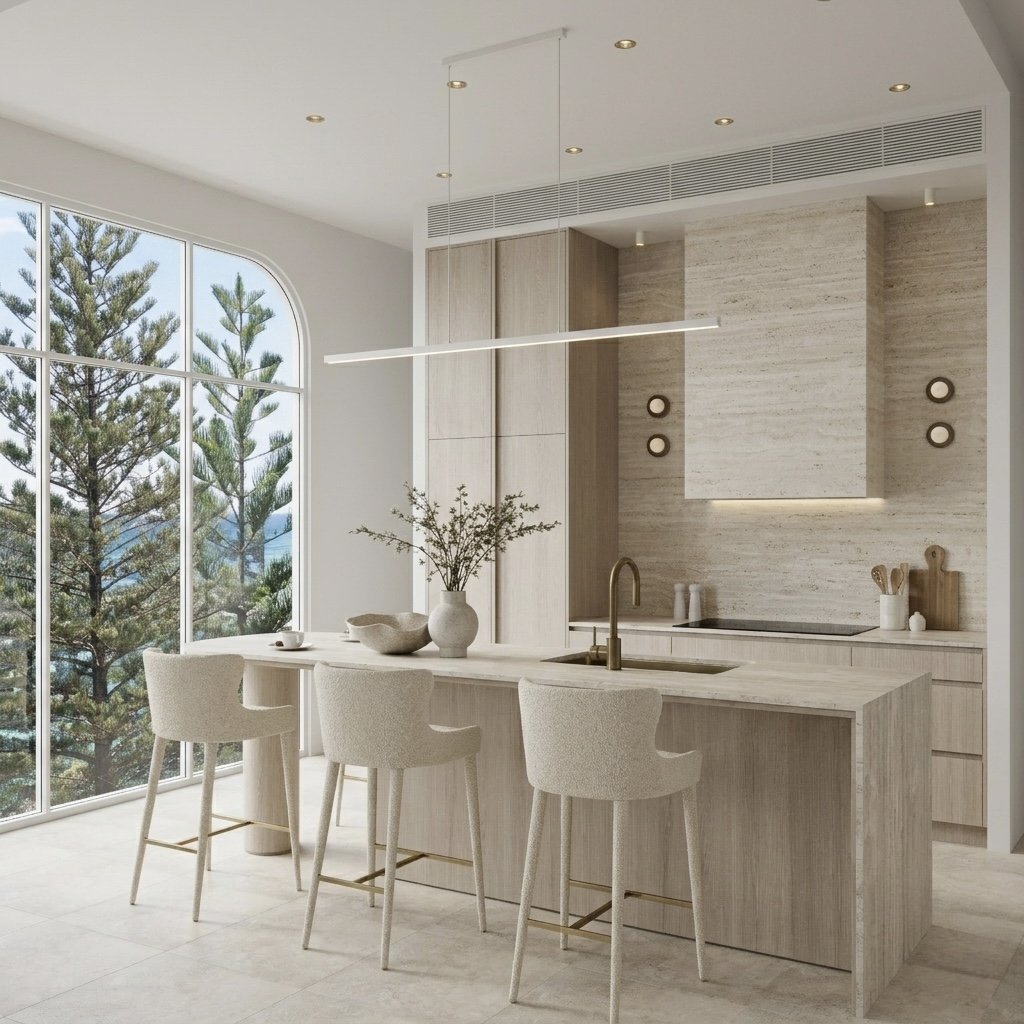 Modern coastal kitchen with curved island, butler's pantry behind, travertine stone and pale timber cabinetry