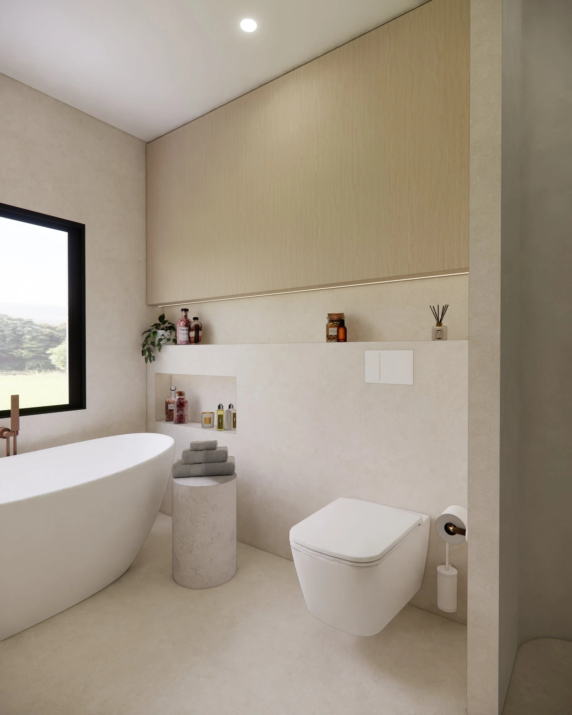 Contemporary main bathroom with freestanding bathtub, curved shower and custom vanity