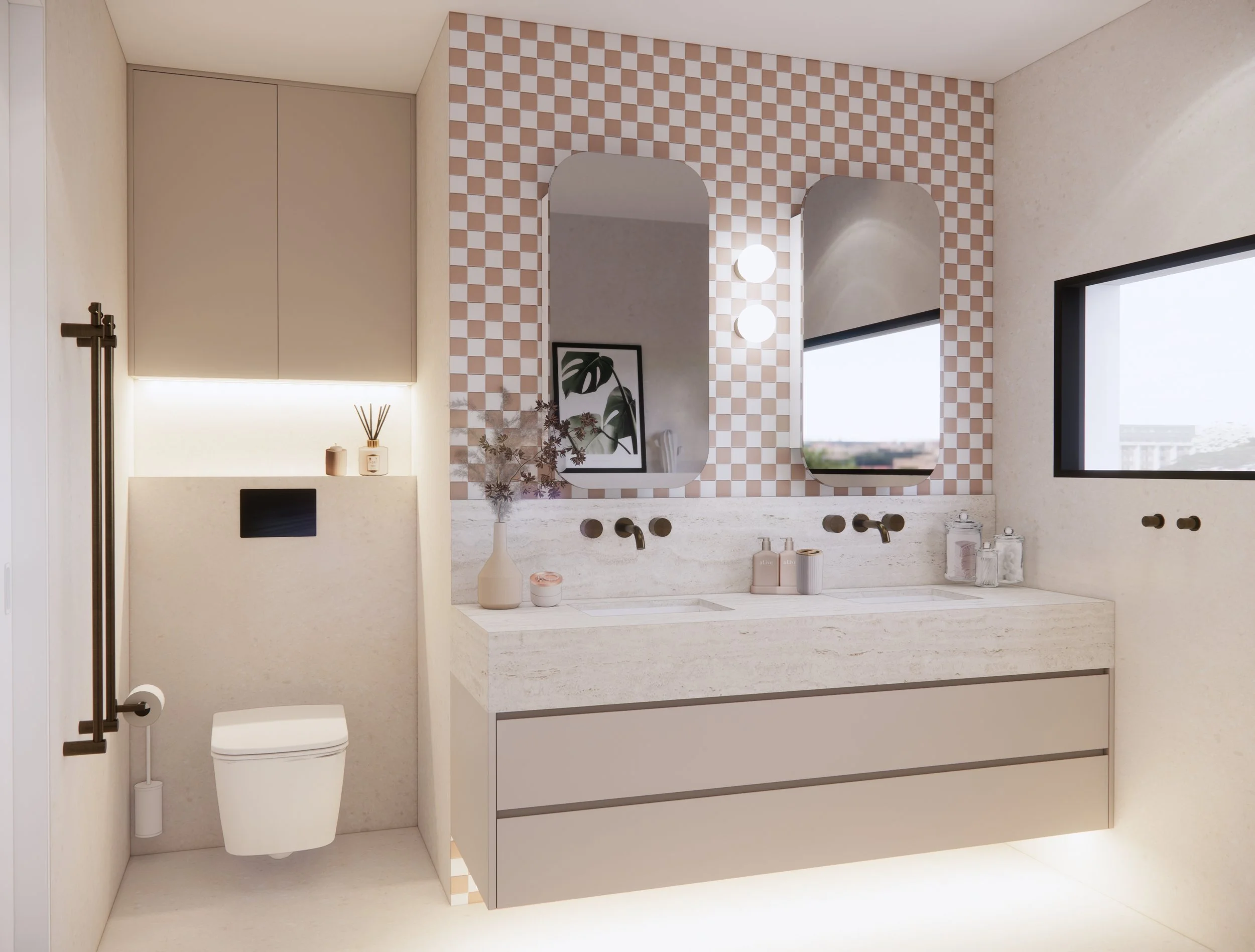 Main bathroom with checker tiles, double vanity and curved walls in Melbourne house renovation