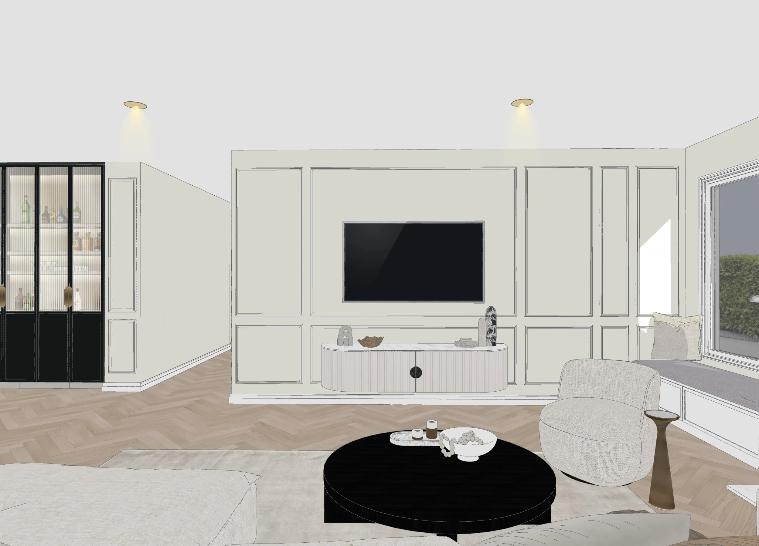 Neutral-toned living room with curved sofa and black coffee table