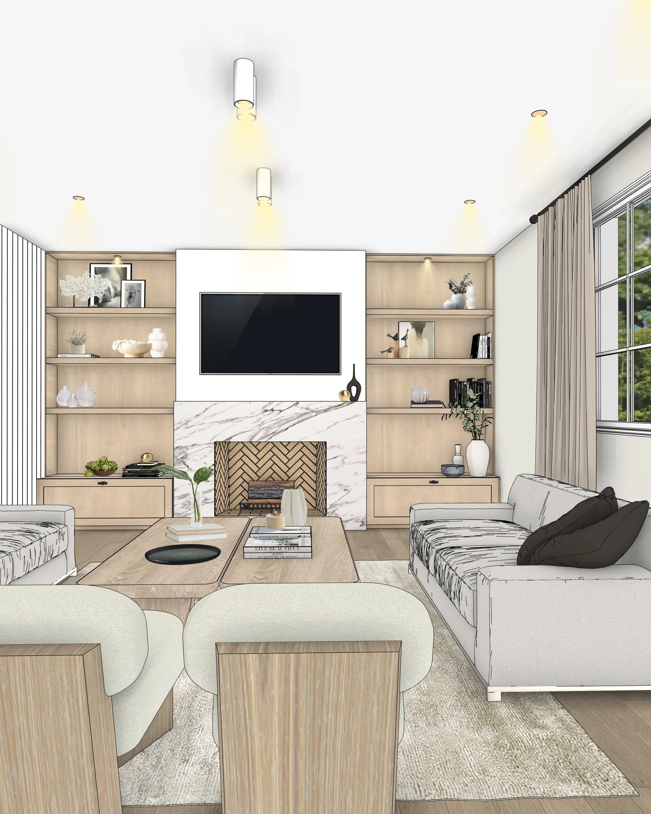 Modern farmhouse living room with custom fireplace, built-in joinery and warm neutral interiors designed by TID Studio