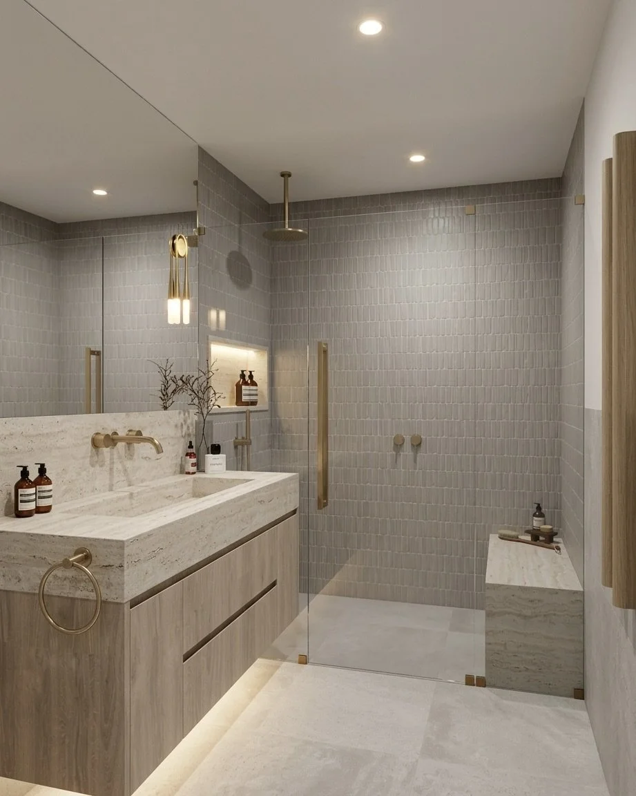Modern primary bathroom, stone vanity, shower bench seating, shower stone niche with LED, condo remodel in Miami, designed by TID Studio 