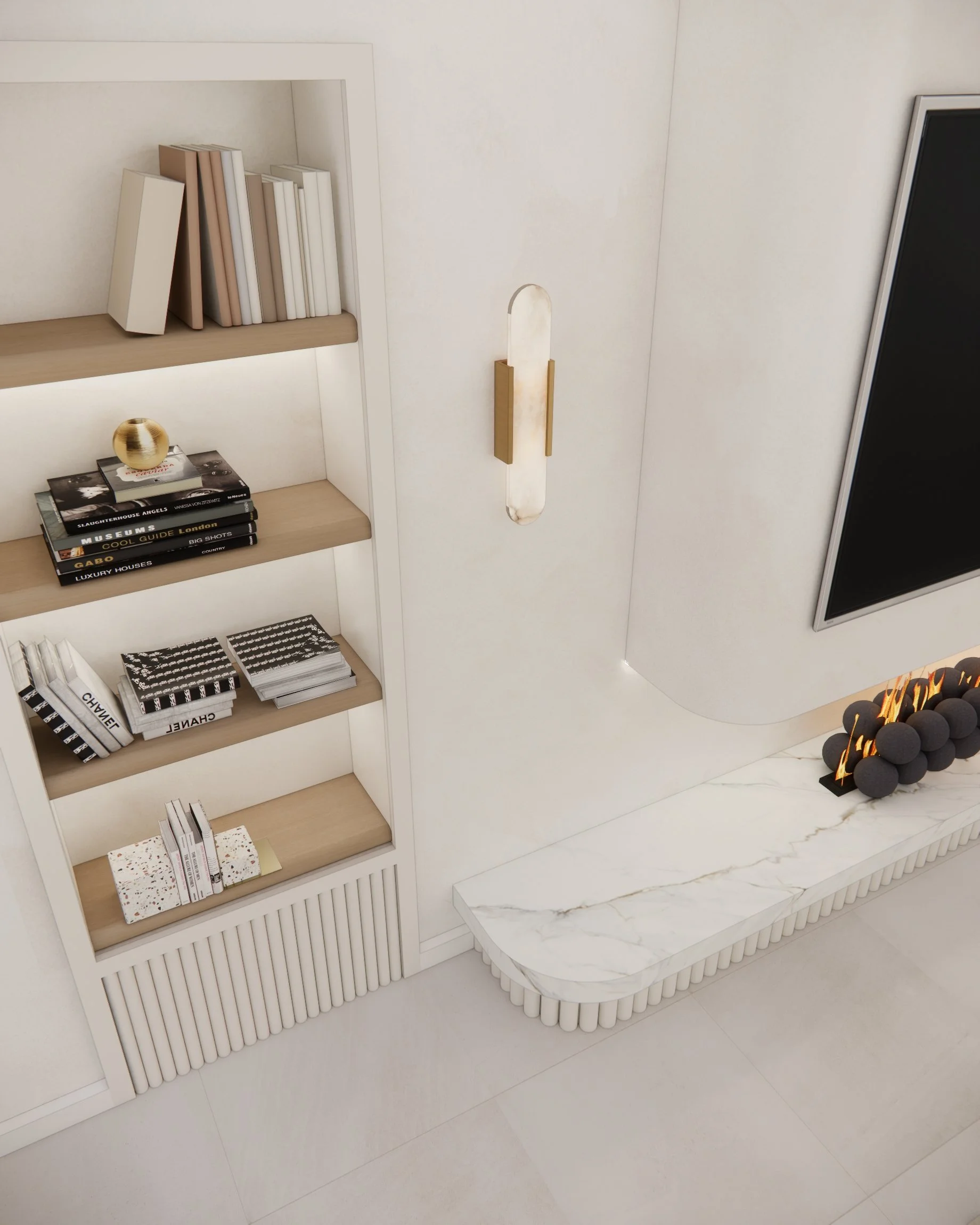 Neutral minimal family room with soft textures and large windows overlooking greenery in Miami