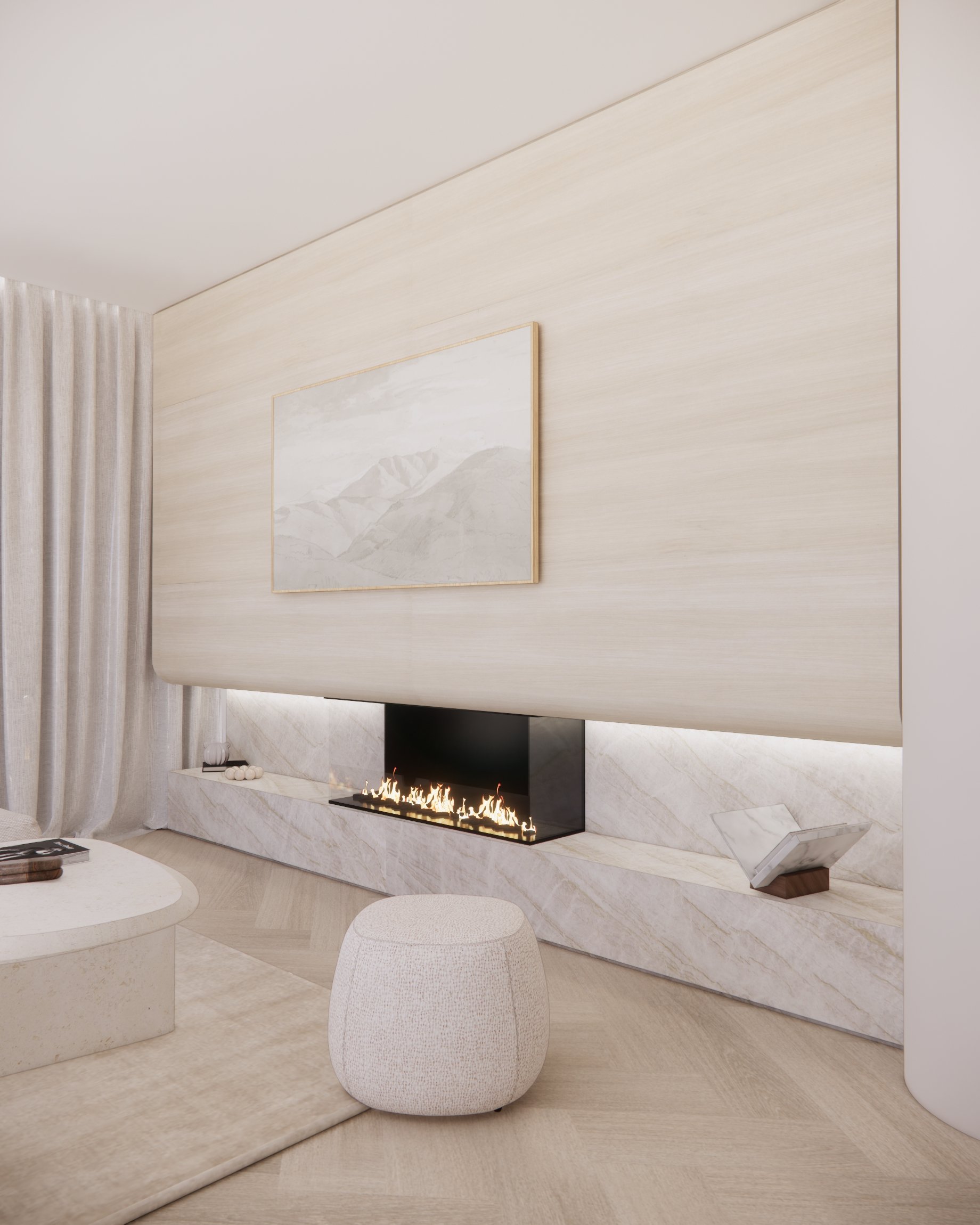 Contemporary living room with curved fireplace wall, layered stone hearth, and soft neutral interiors in Sydney