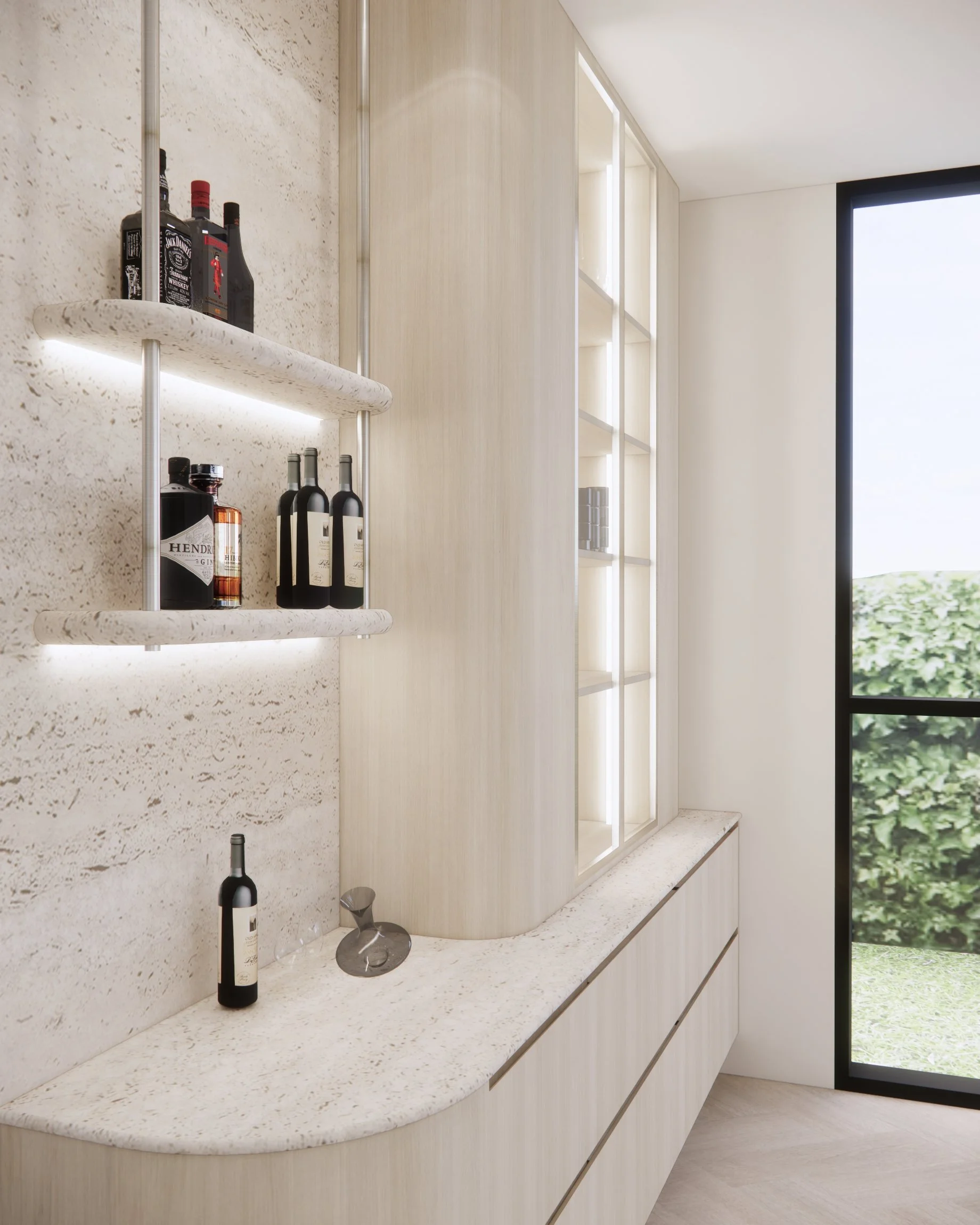 Minimal luxe bar area with textured stone, open shelves, and soft ambient lighting in Sydney