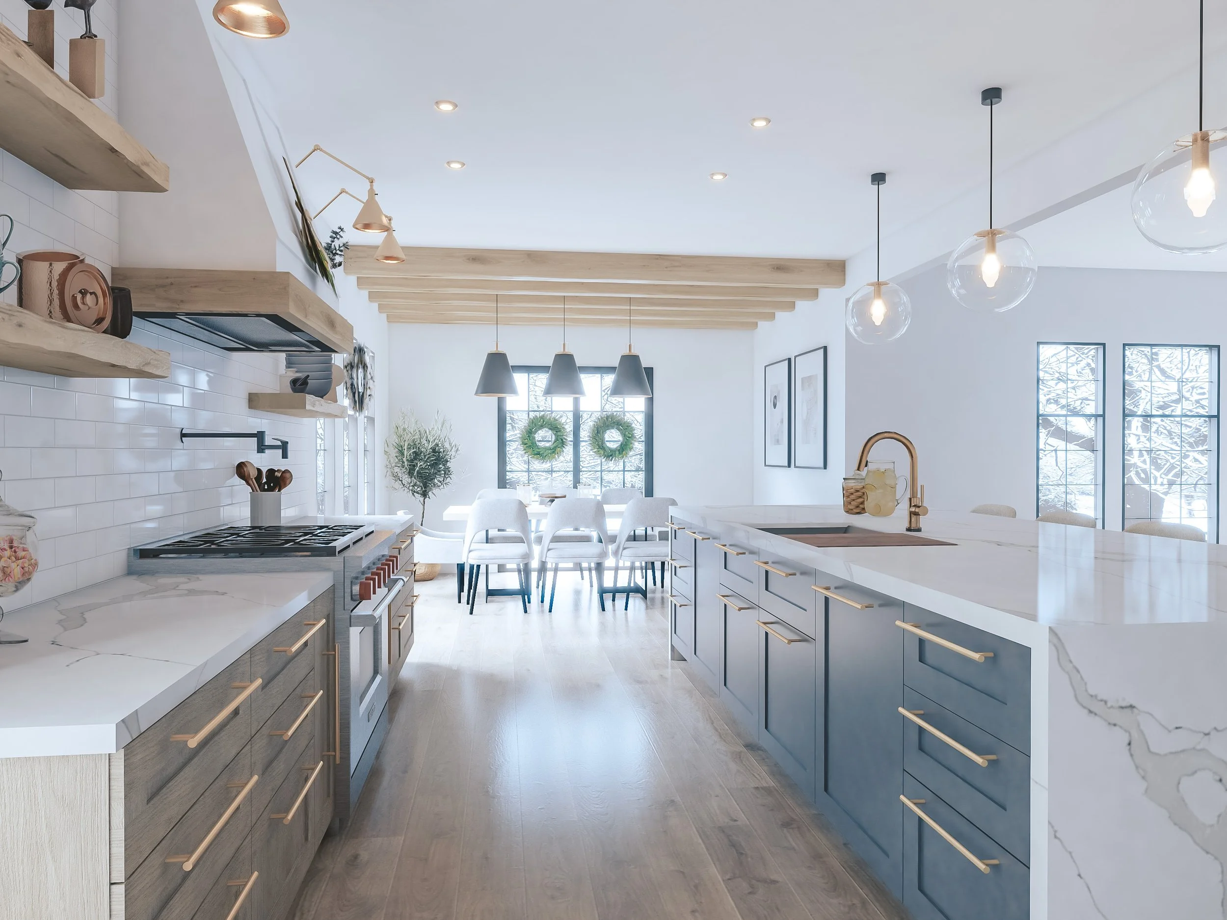 Modern farmhouse kitchen with large marble island, timber cabinetry, and pendant lighting in Chicago home renovation