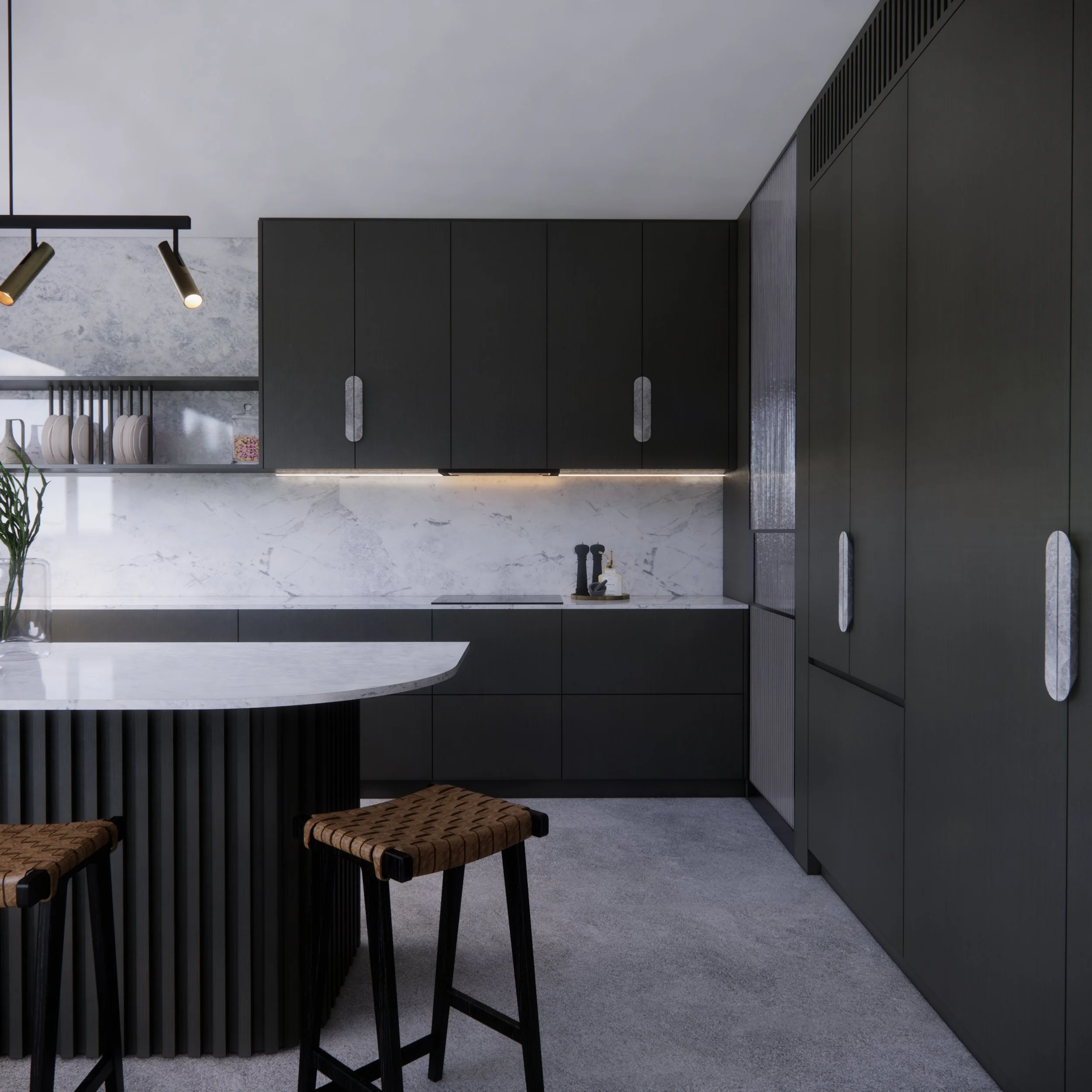 Fluted kitchen island with stone countertop in modern family home