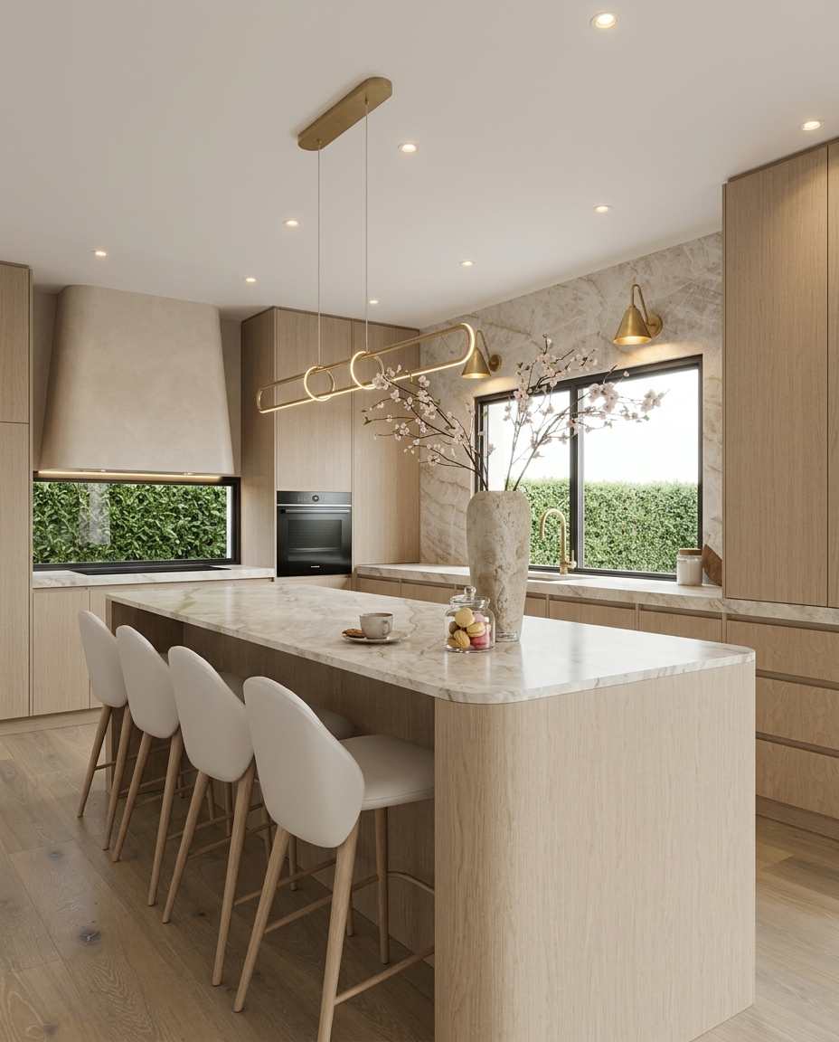 Modern warm minimalist kitchen with oak cabinetry, stone island and brass lighting in a Brisbane house renovation, designed by TID Studio Sydney
