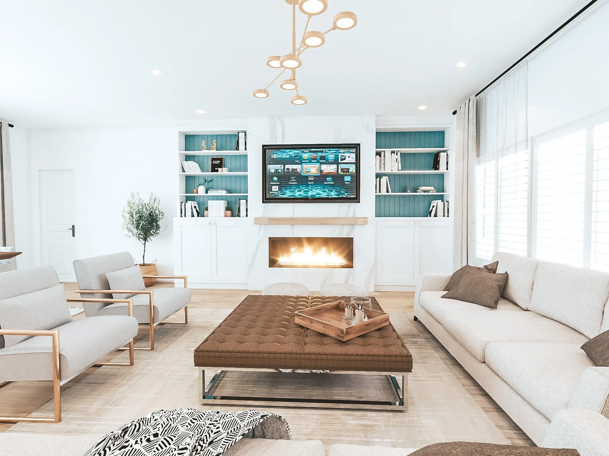 Bright Florida Hamptons living space with fireplace and coastal accents