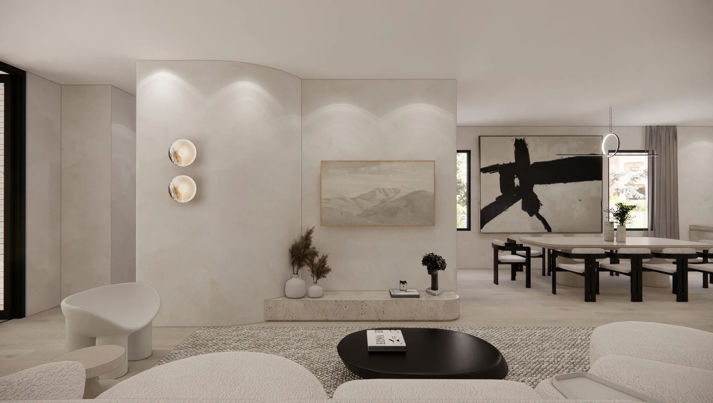 Contemporary Wabi-Sabi living room with curved sofa and neutral tones