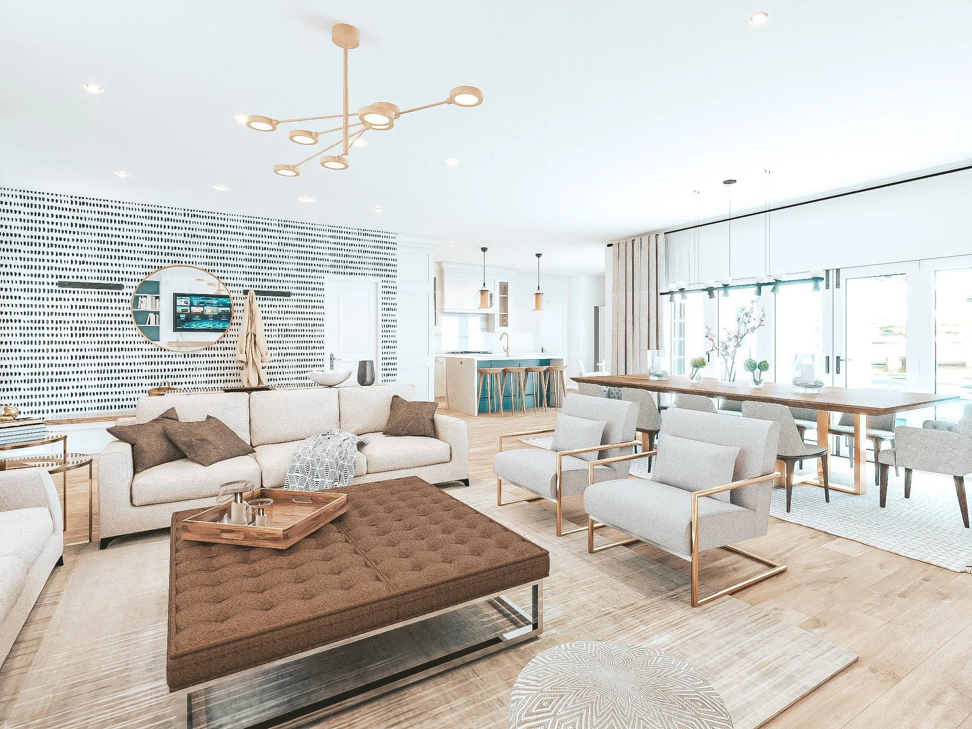 Coastal Hamptons living room with custom cabinetry and warm neutral palette