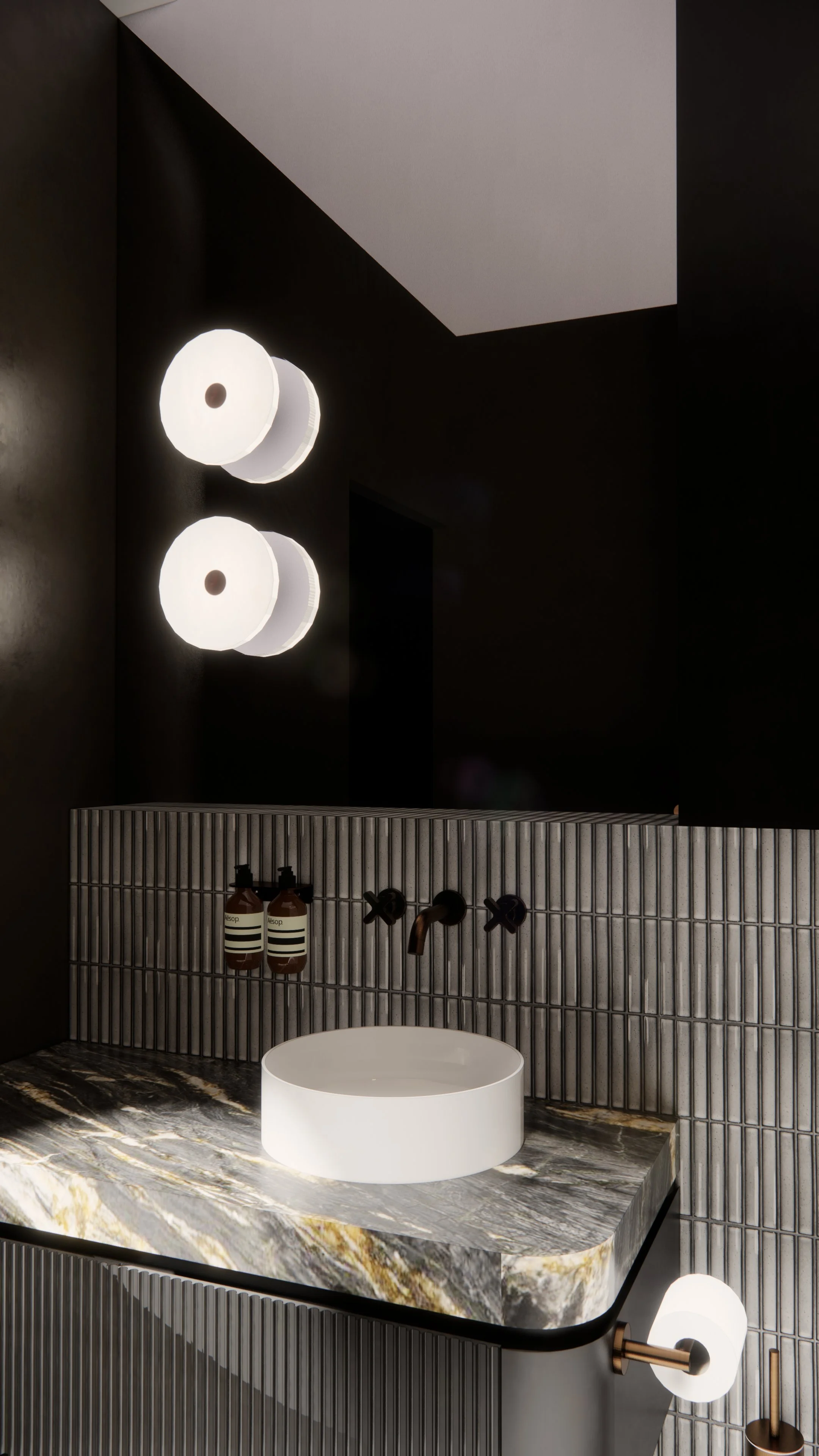 Modern powder room featuring curved dark, dramatic colour palette and brushed brass fixtures — Auriga Residence by TID Studio, Brisbane