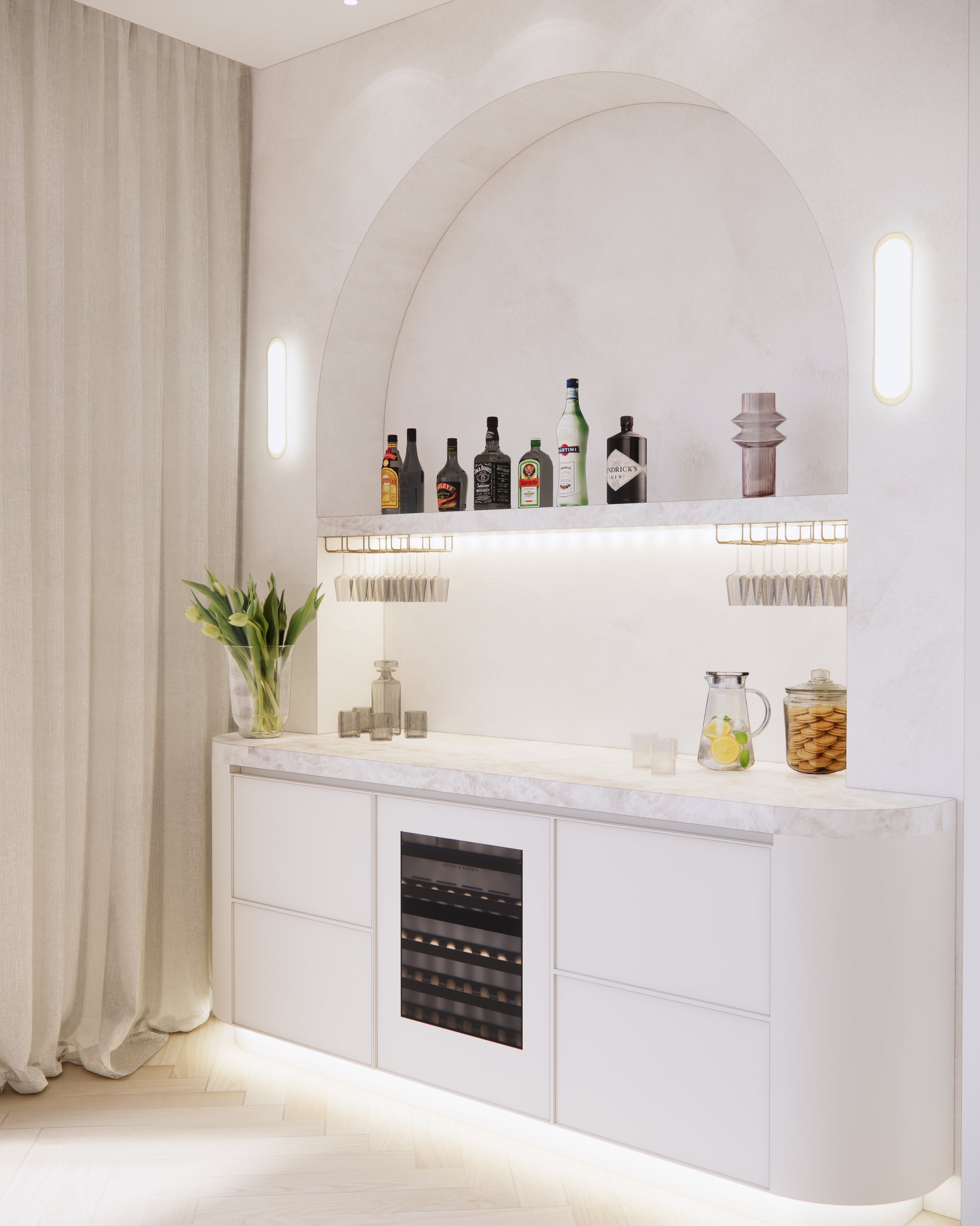 Curved bar alcove with arched detailing, backlit shelving, and stone benchtop