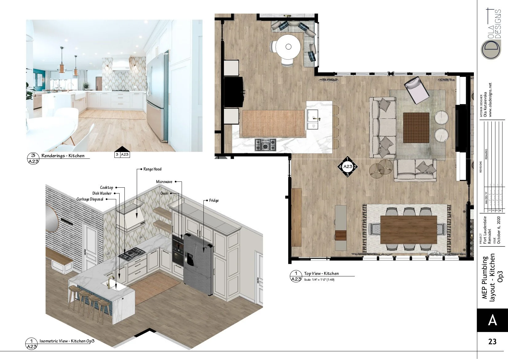 Hamptons-style open plan living room and kitchen, designed by TID Studio in Florida. Example Interiors Drawings Set