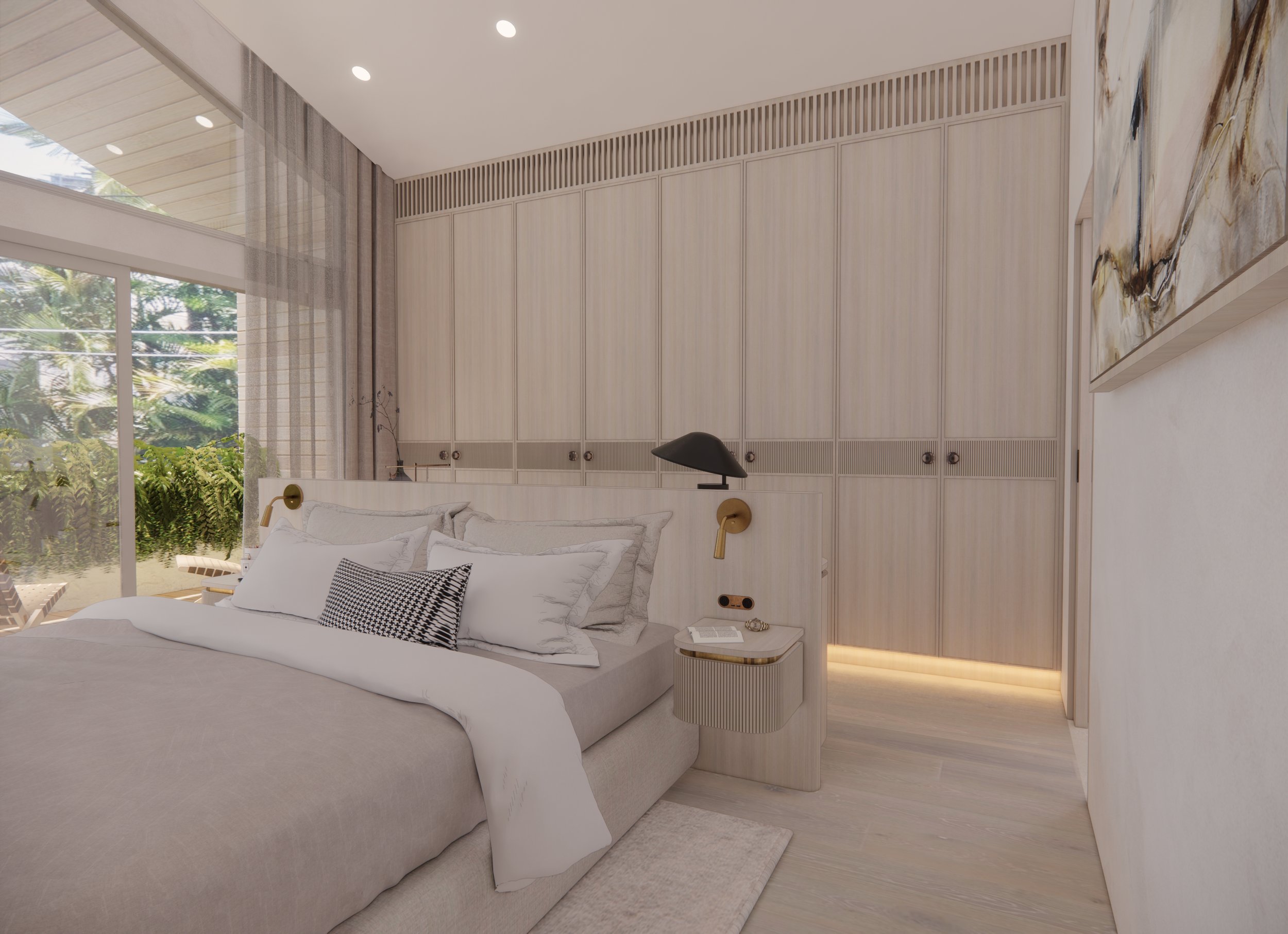 Master bedroom with upholstered neutral bedhead, soft curves and warm minimal textures — Auriga Residence by TID Studio, Brisbane