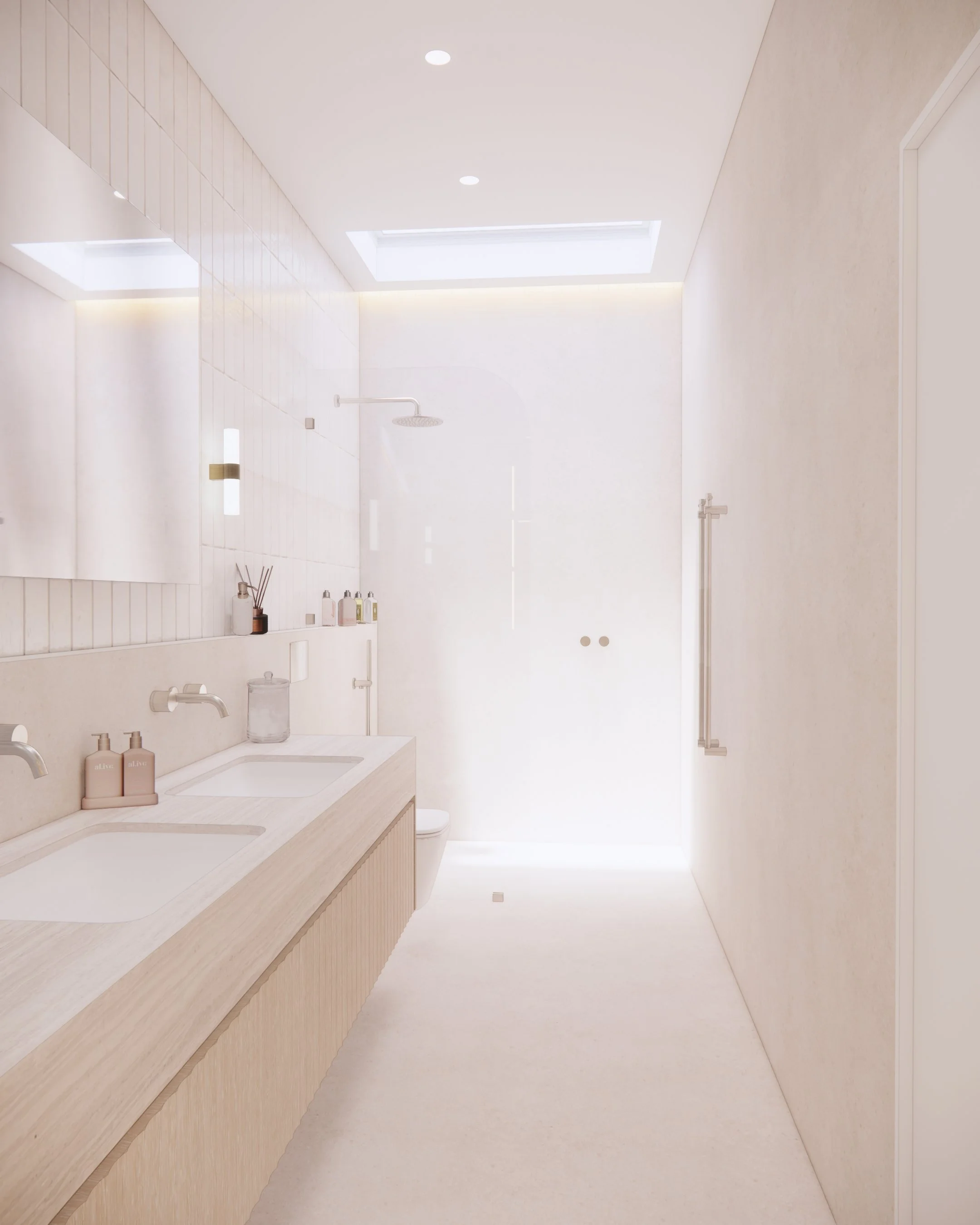 Contemporary guest ensuite with double vanity, rainfall shower with skylight, and soft integrated lighting