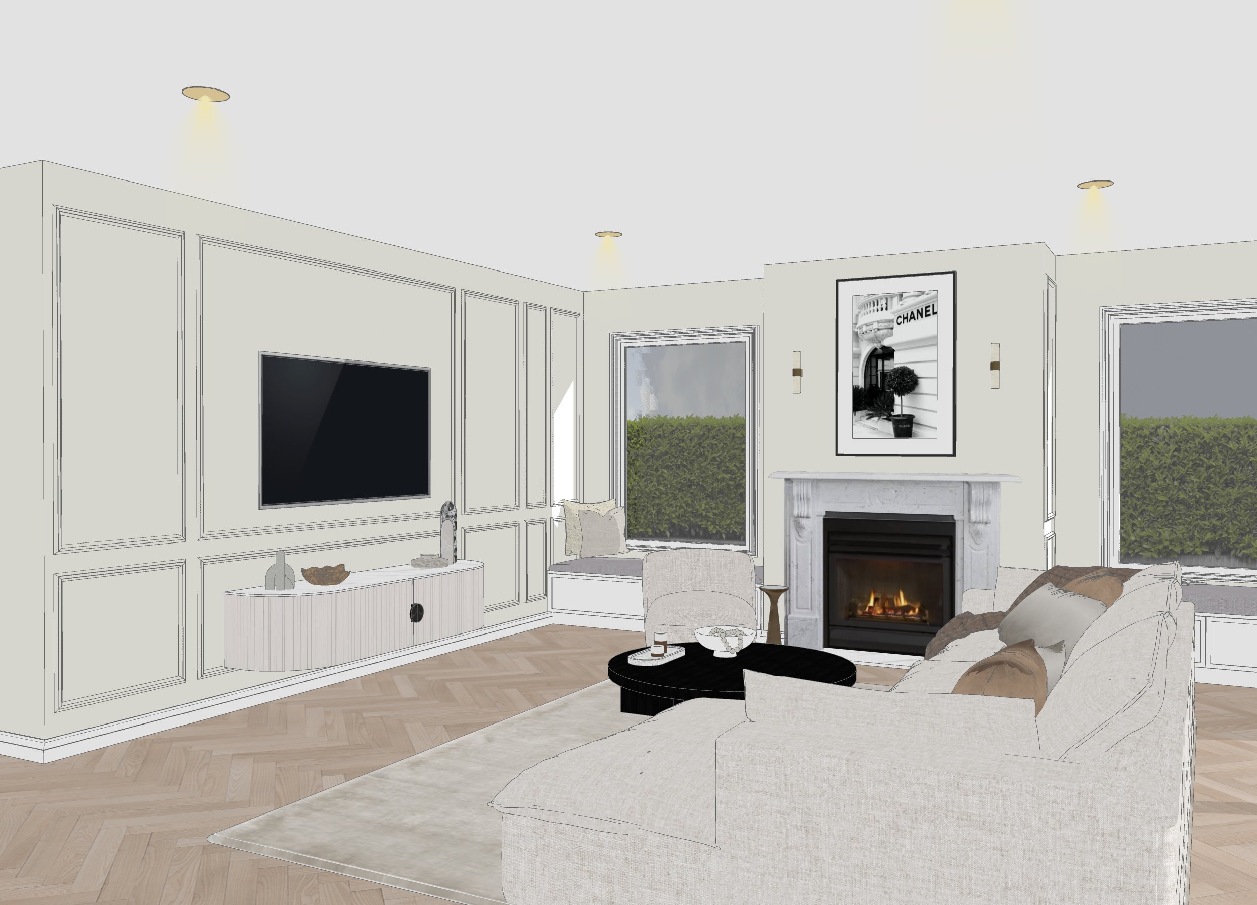 Neutral-toned living room with curved sofa and black coffee table