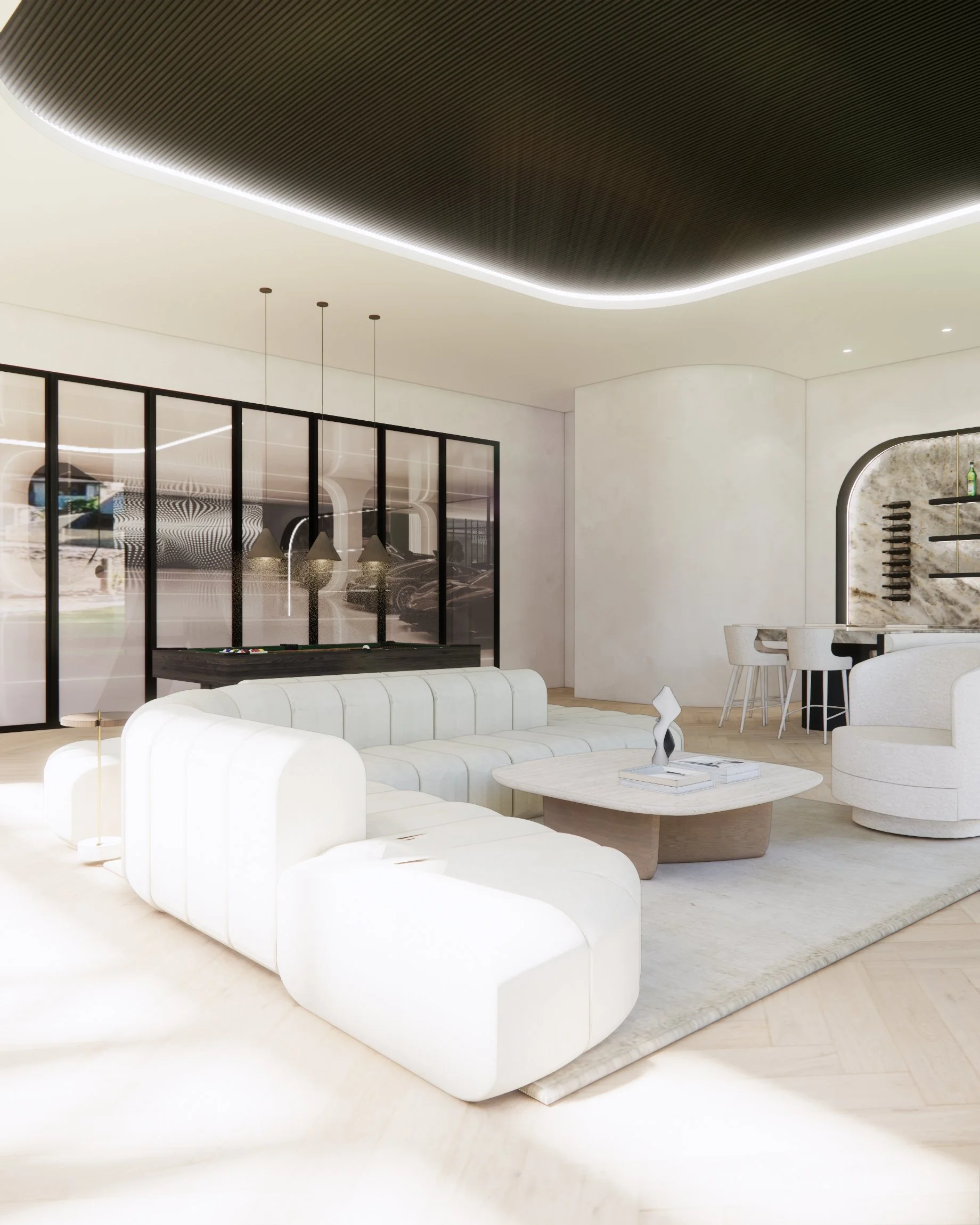 Soft neutral pool house with custom curved backlit bar and island with integrated banquette, modular sofa with fireplace anchored by stone benchseat on the sides, and warm minimal styling designed by TID Studio in Sydney