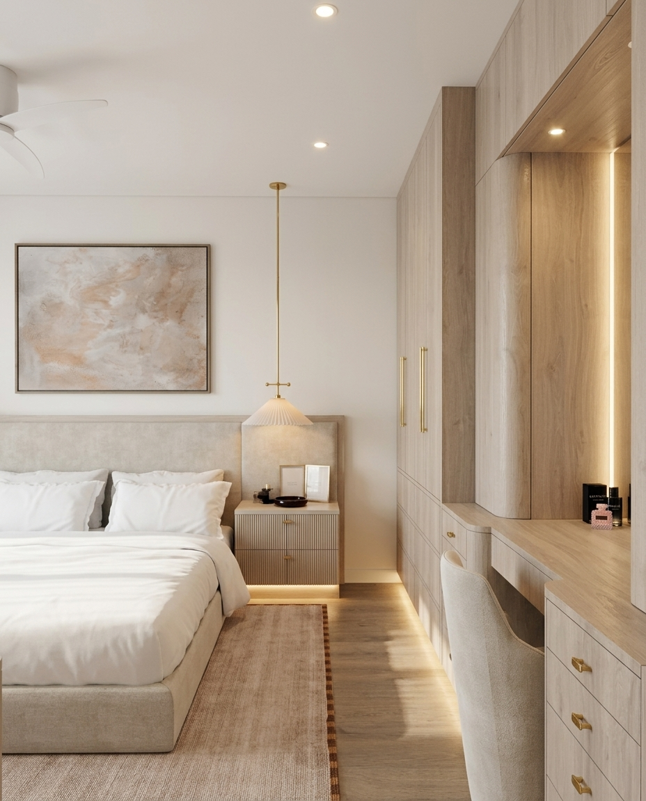 Modern primary bedroom, custom headboard with fluted bedside console drawers, make-up desk, condo remodel in Miami, designed by TID Studio 